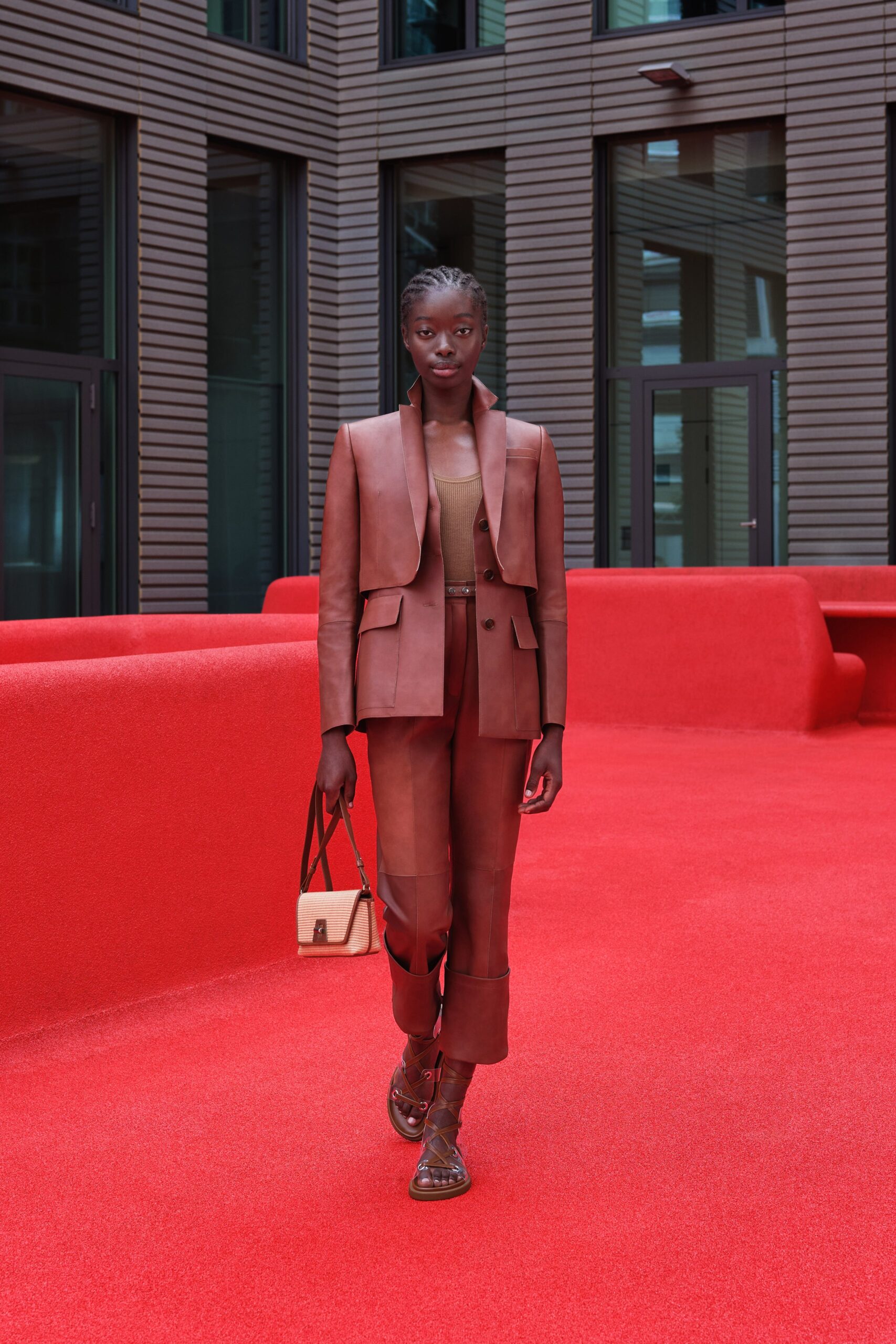 brown leather long-sleeve collared tailored buttoned suit