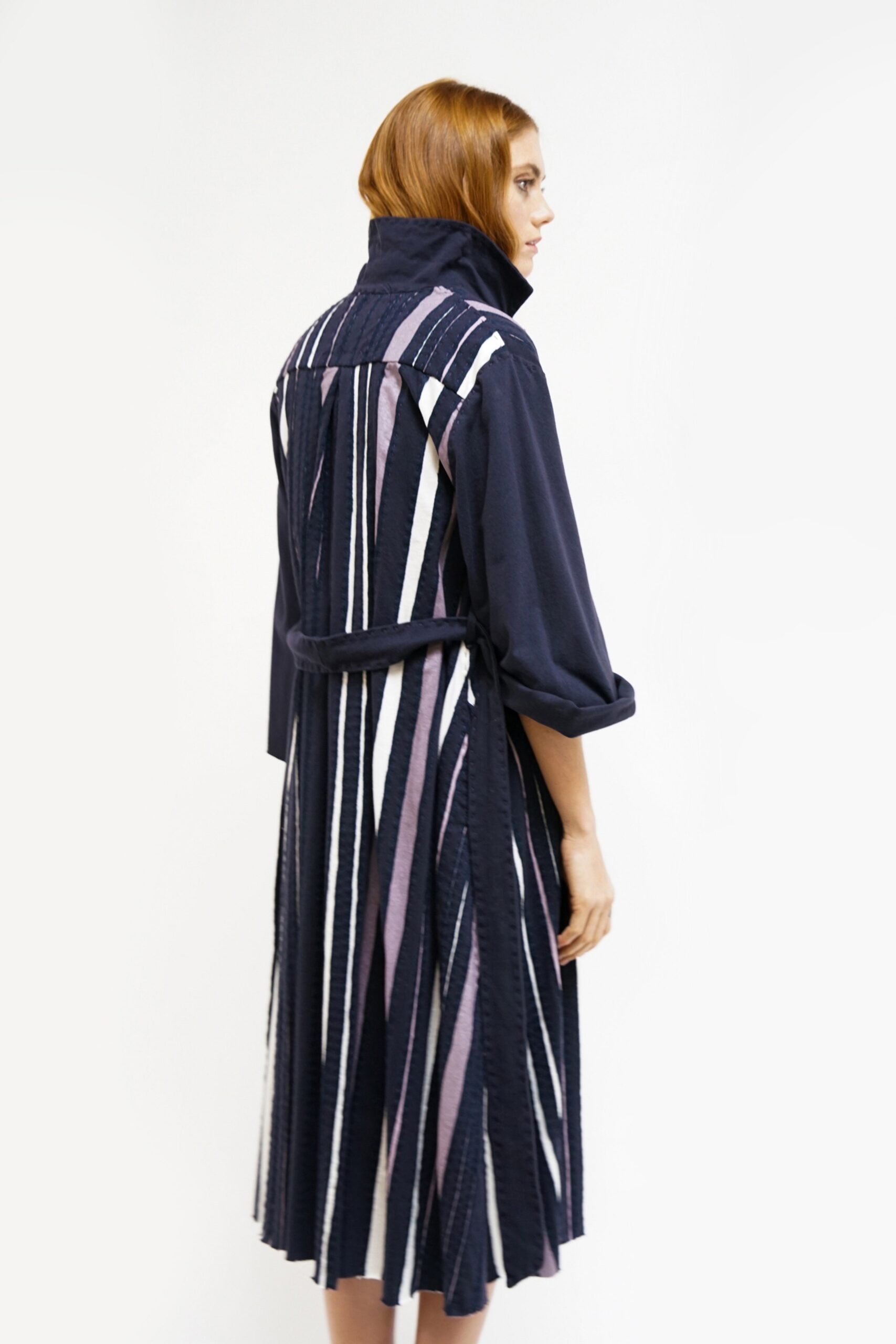 navy striped belted midi dress