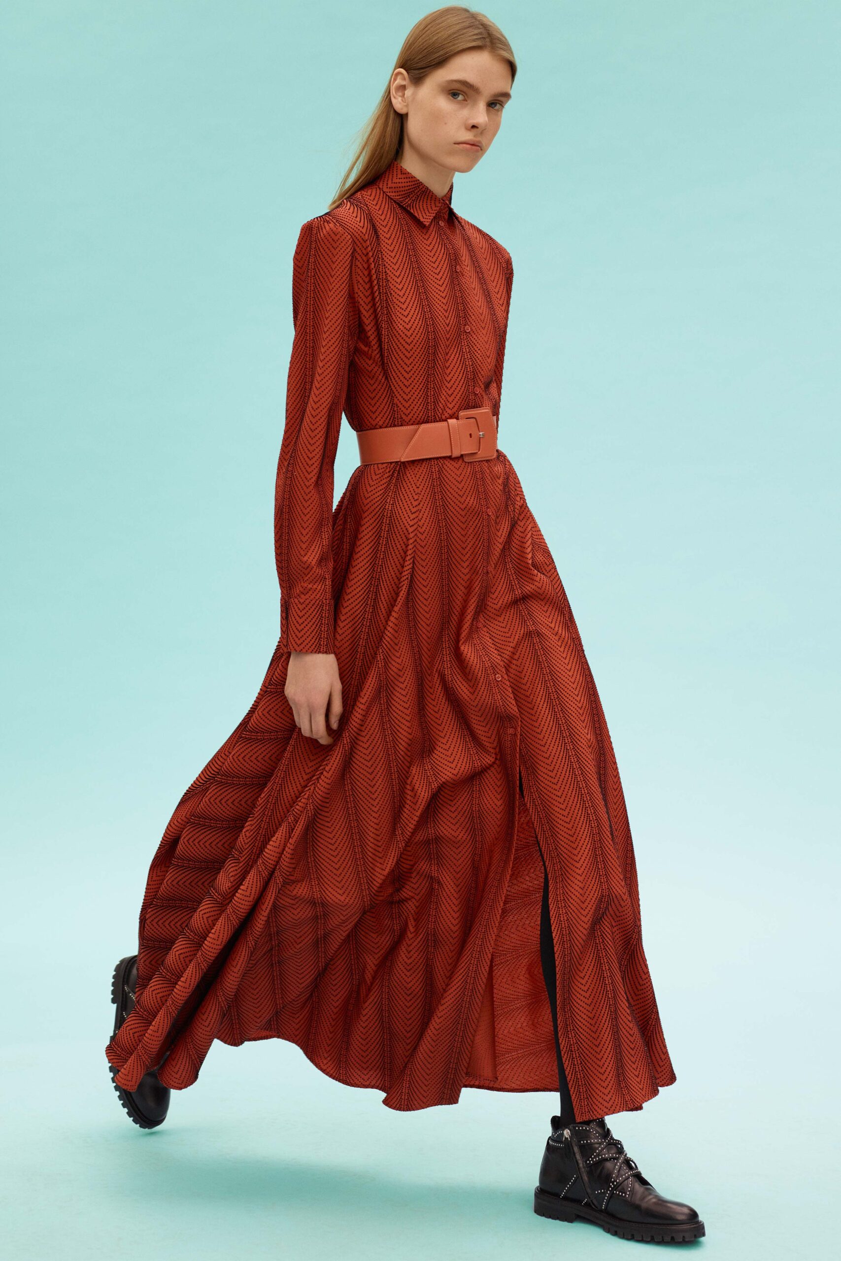 red pleated long-sleeve dress