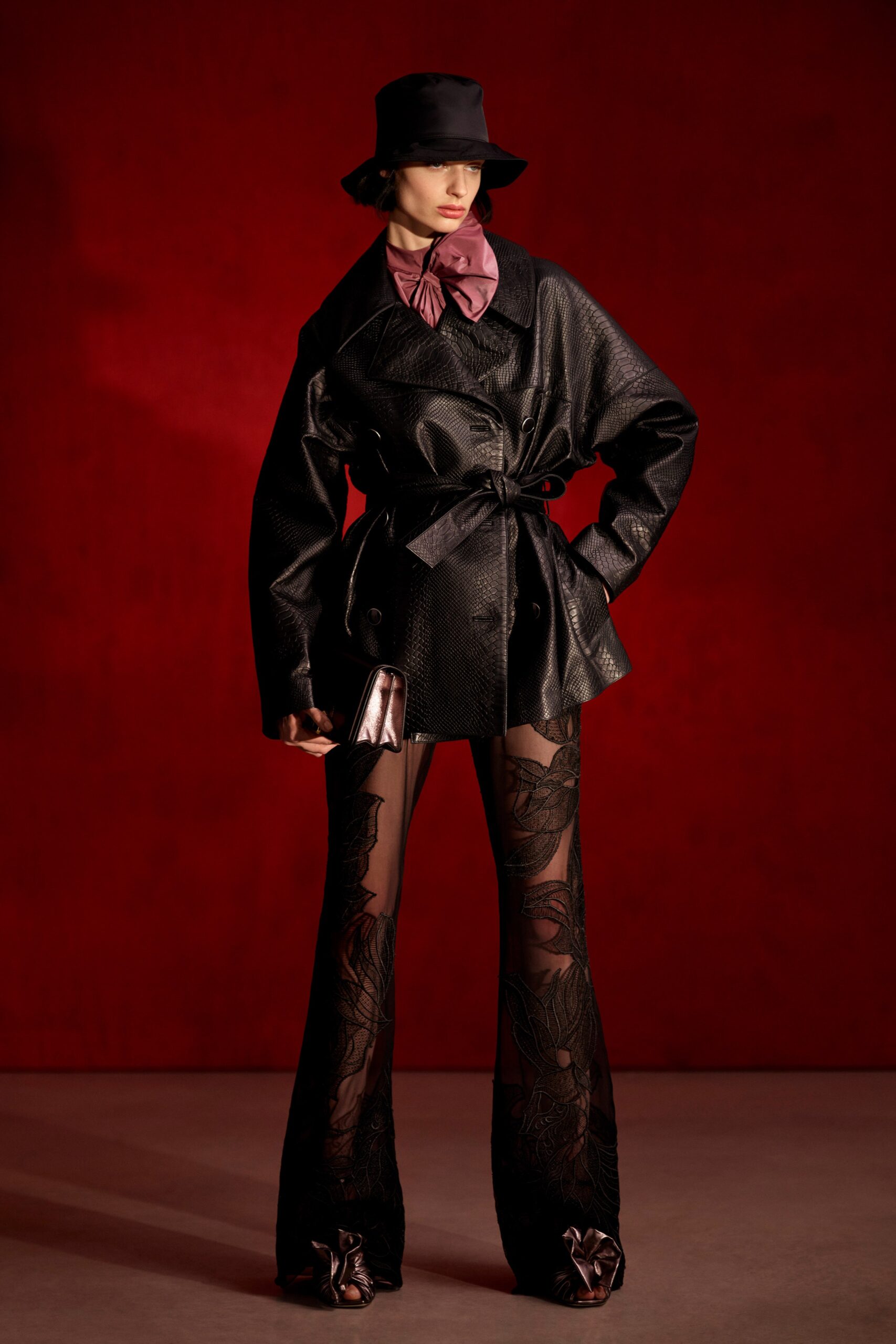 black leather long-sleeve collared oversized belted jacket