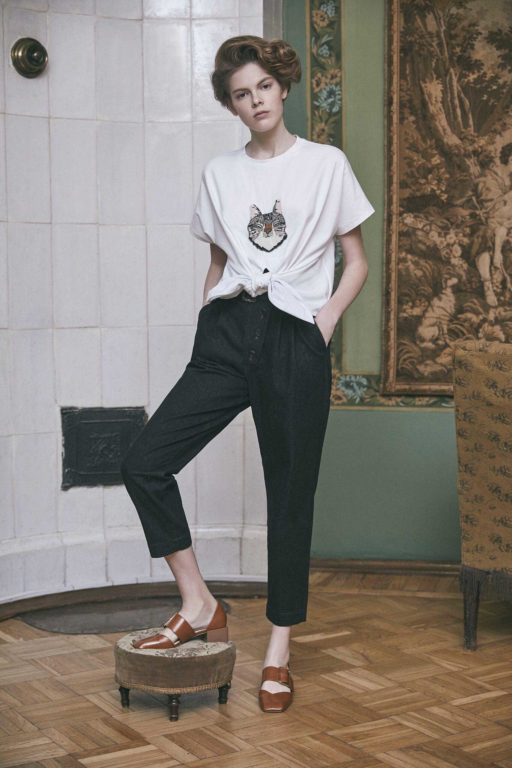 black denim tailored high-waisted straight-leg pants