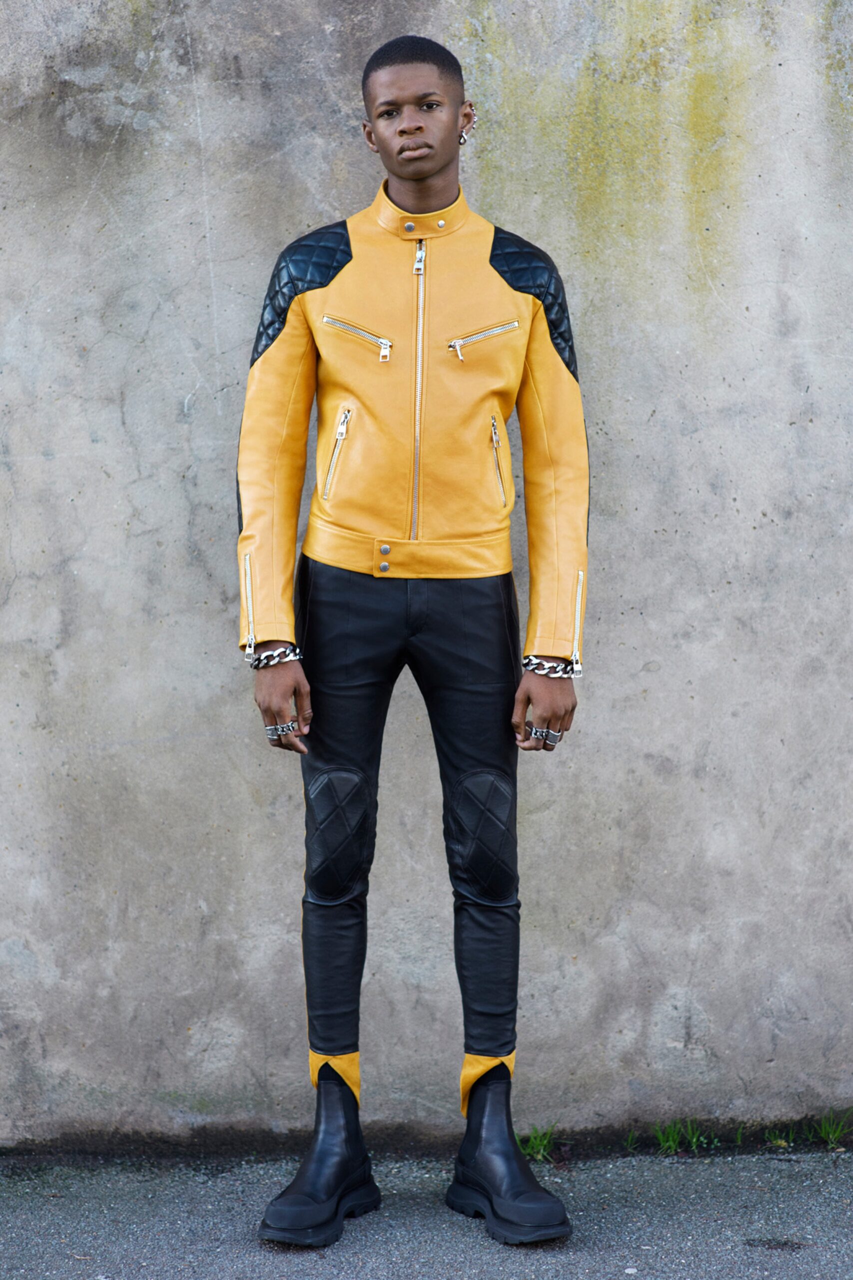yellow leather long-sleeve collared fitted zippered padded jacket