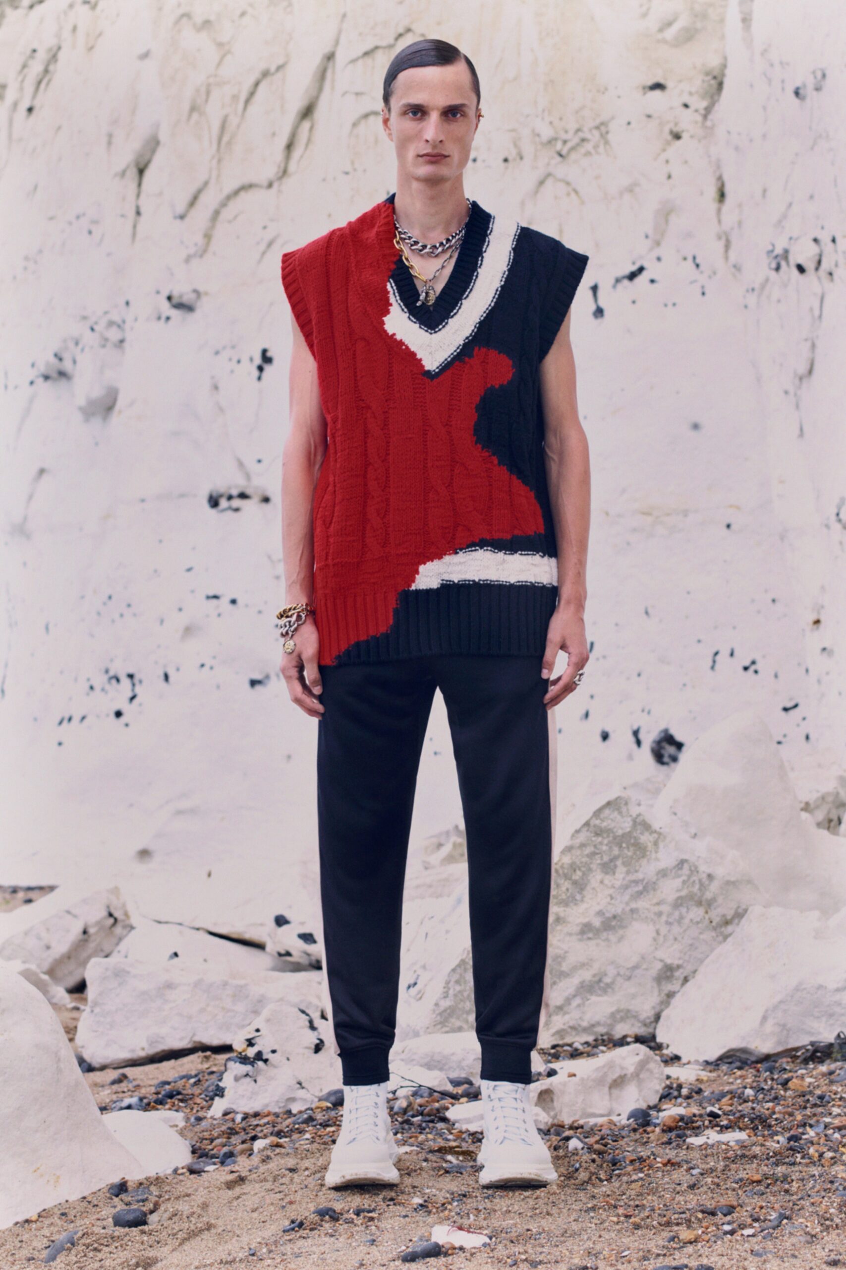 red and black sleeveless sweater