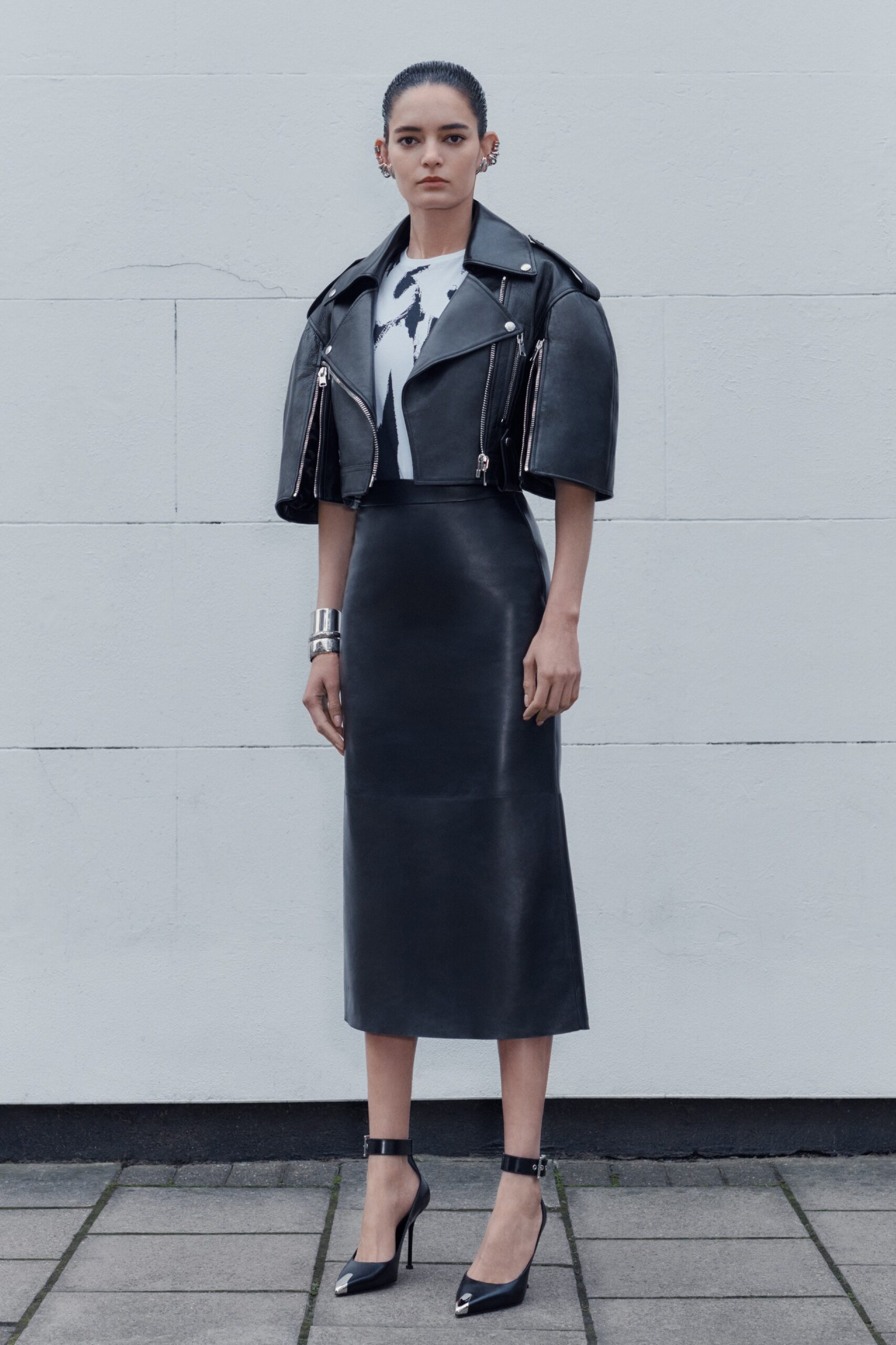 black leather jacket and dress