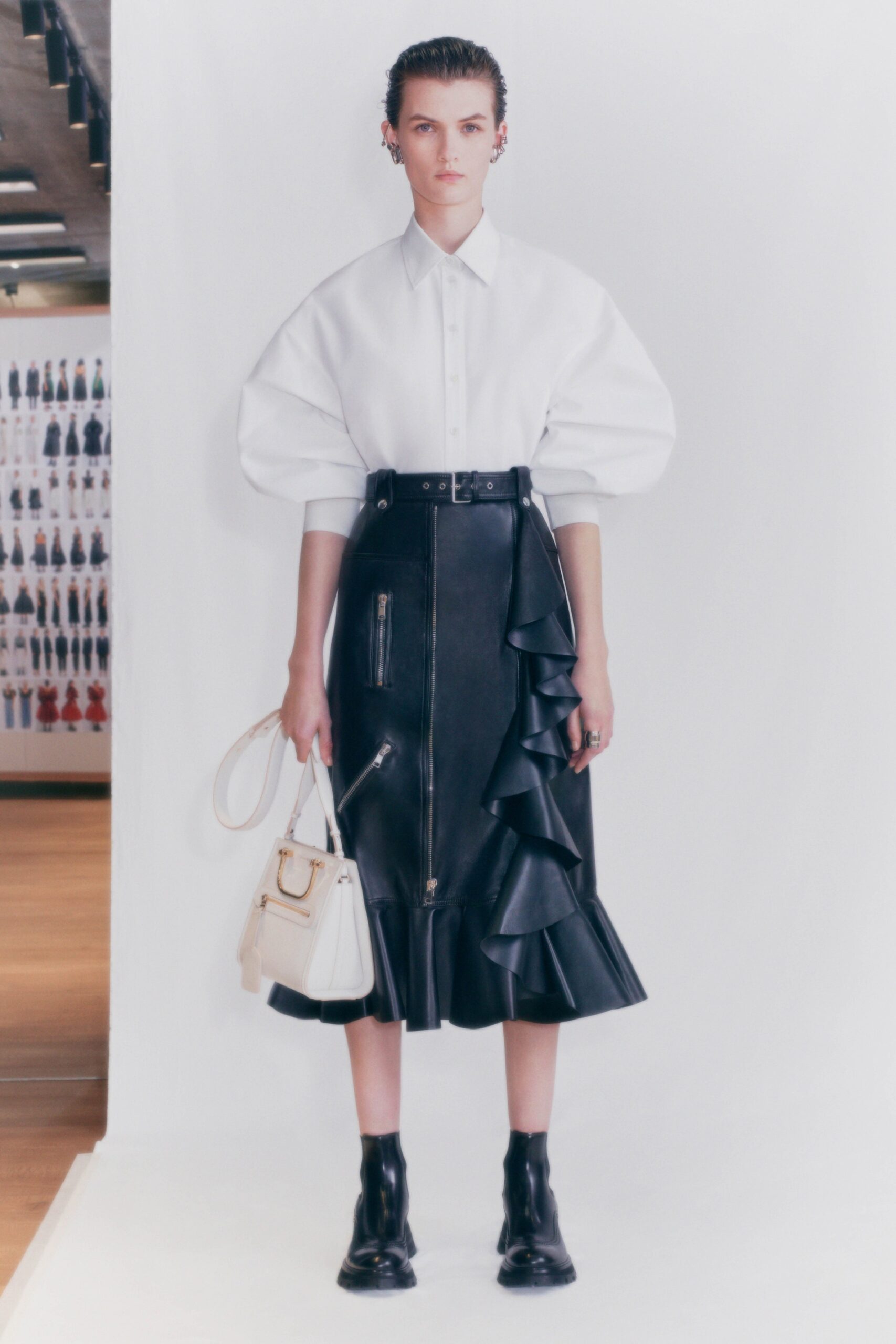 black leather asymmetric fitted ruffled zippered midi skirt