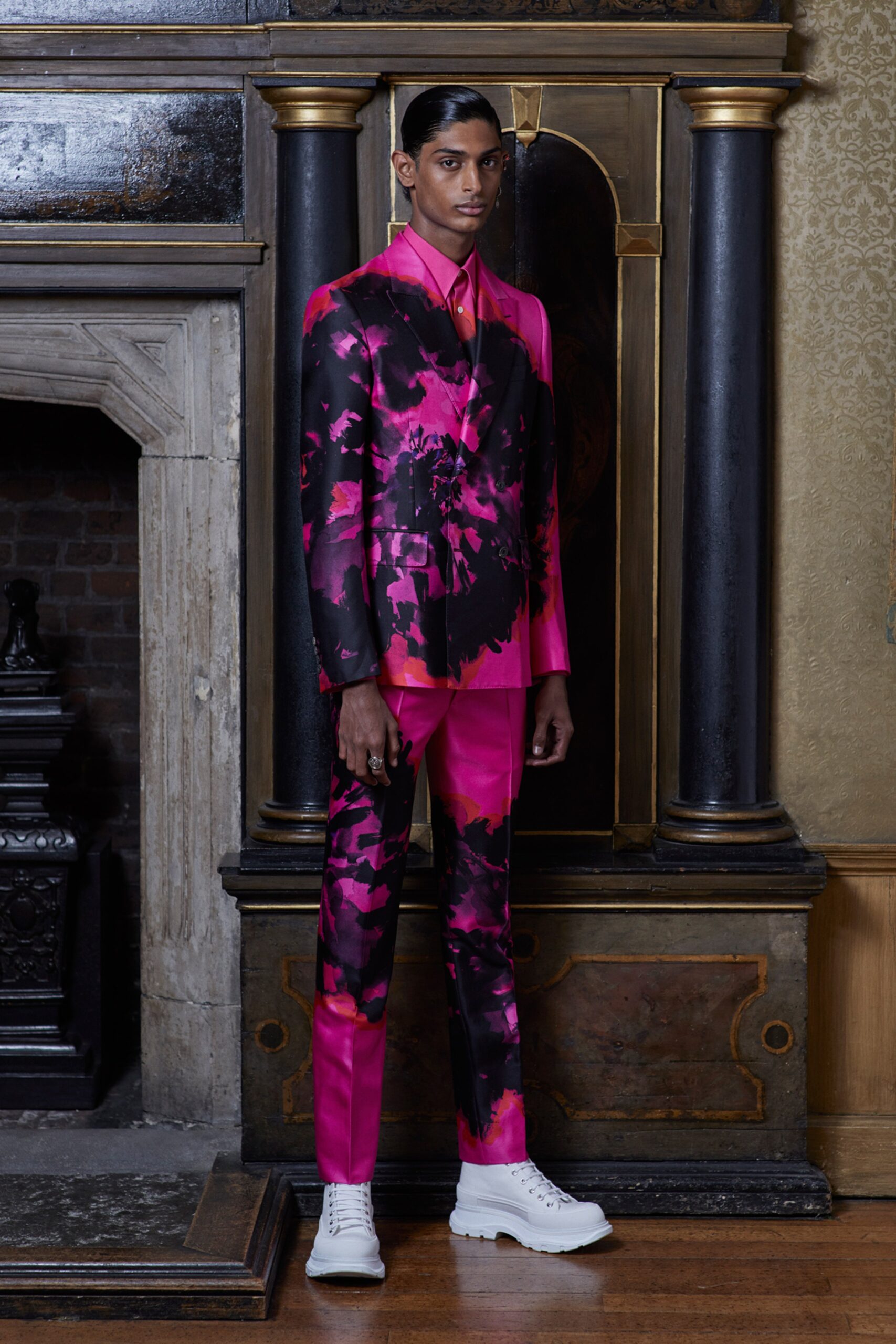 pink and black printed suit