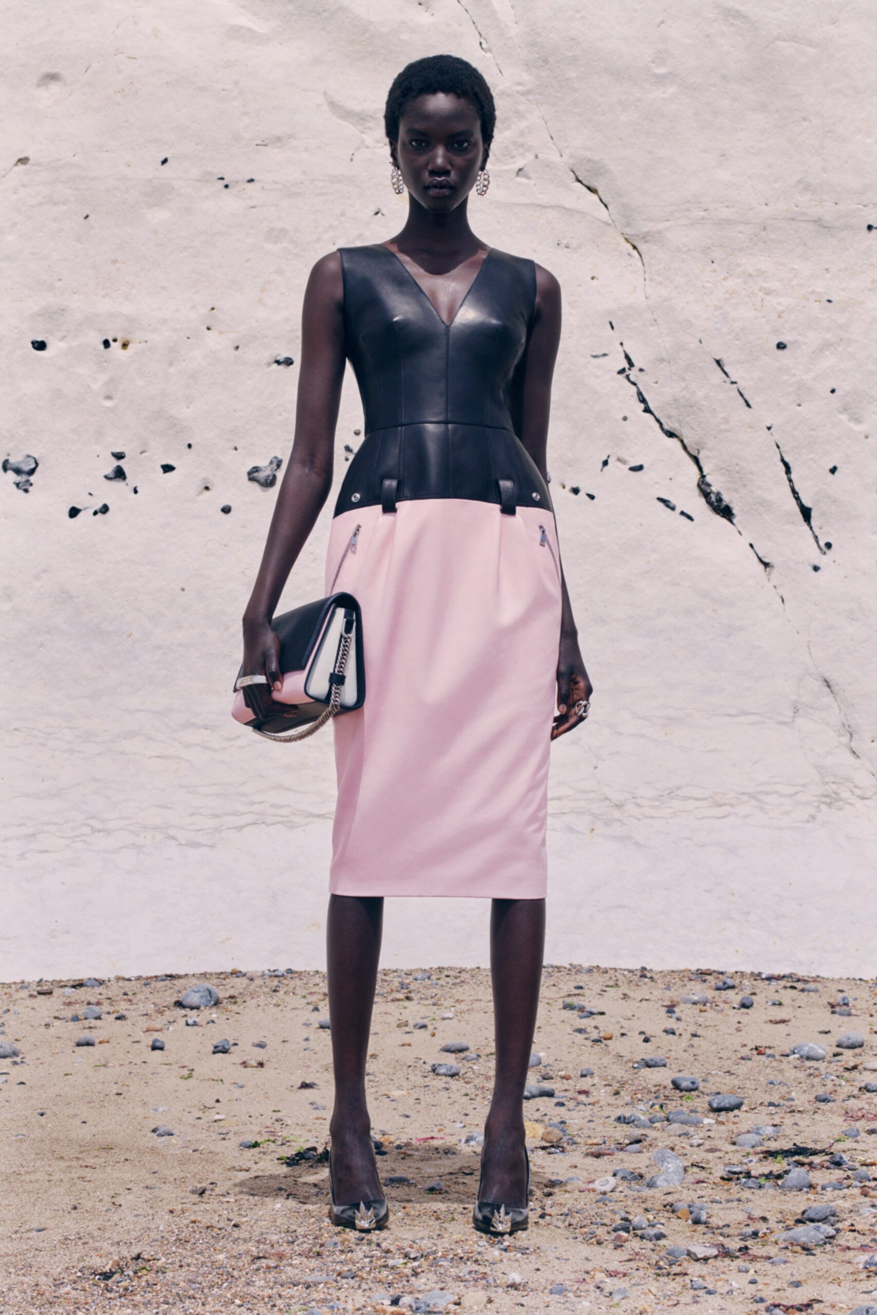 black and pink fitted midi dress