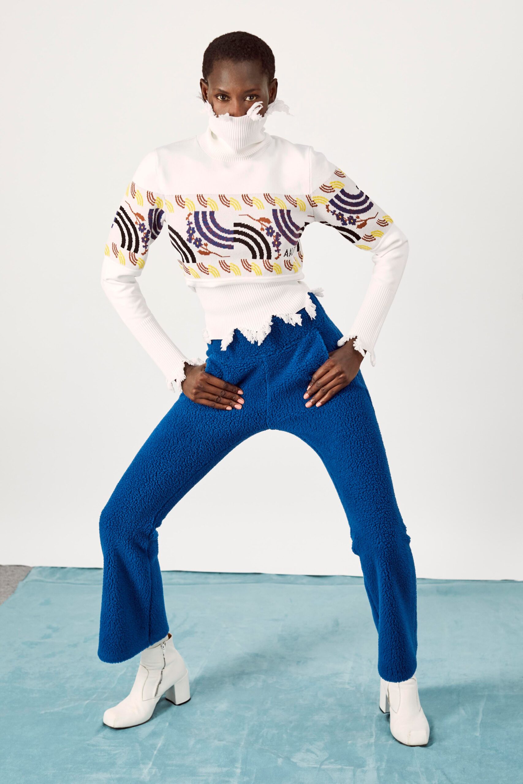 blue cotton fitted flared textured pants