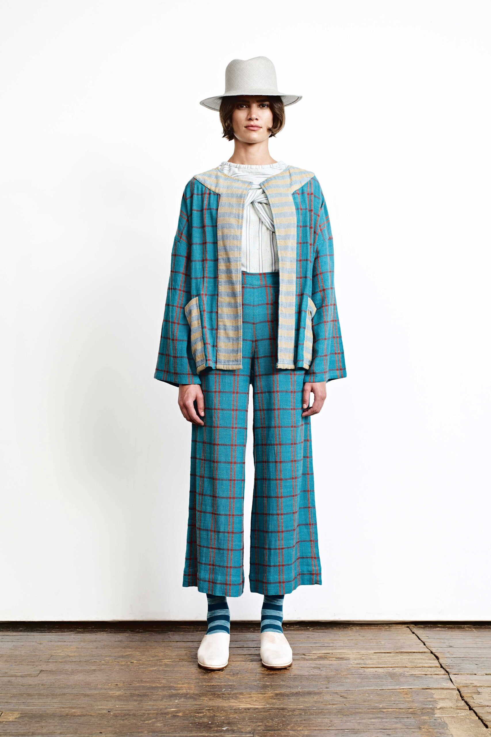 blue checked jacket and pants