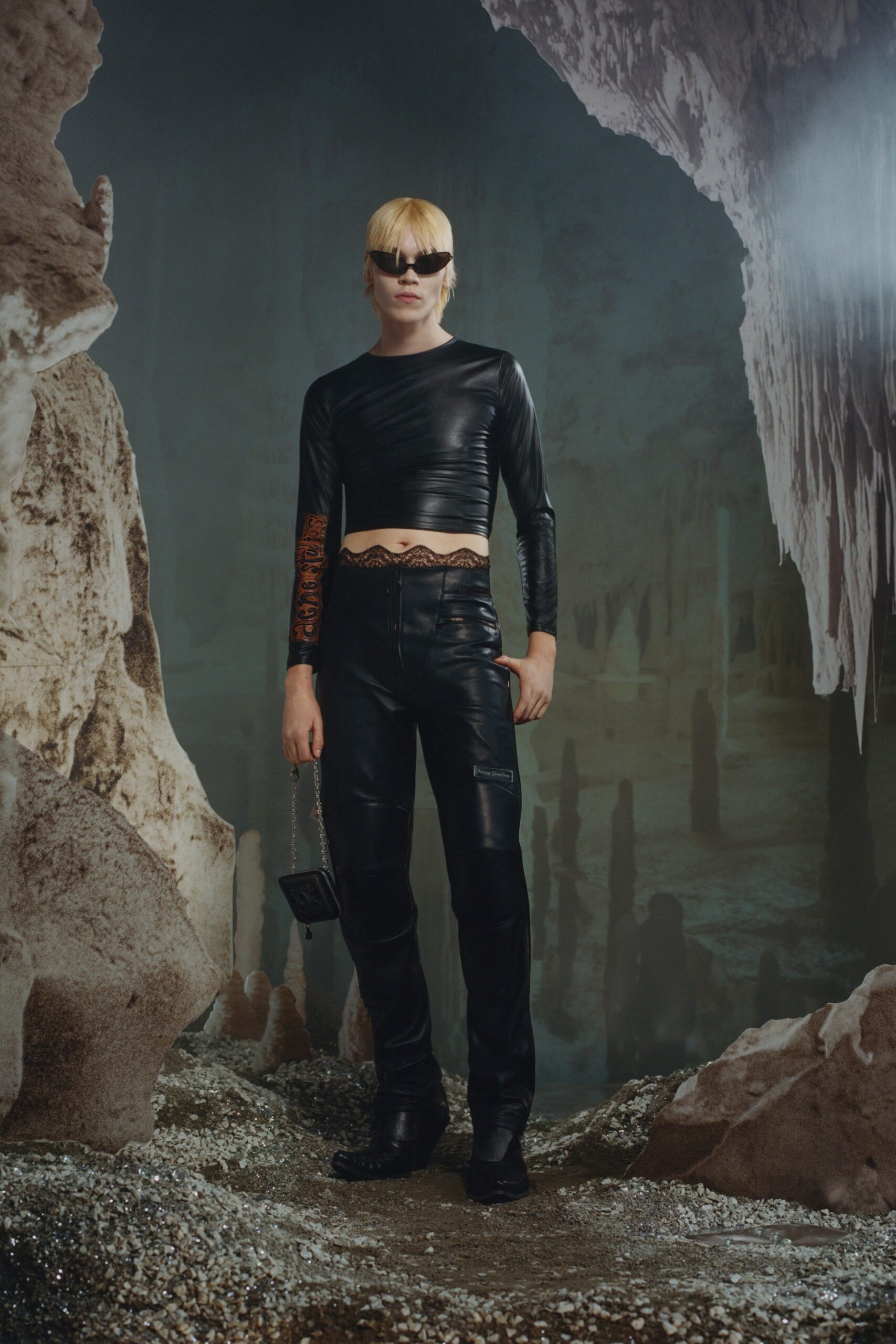 black vinyl long-sleeve high-neck fitted ruched top