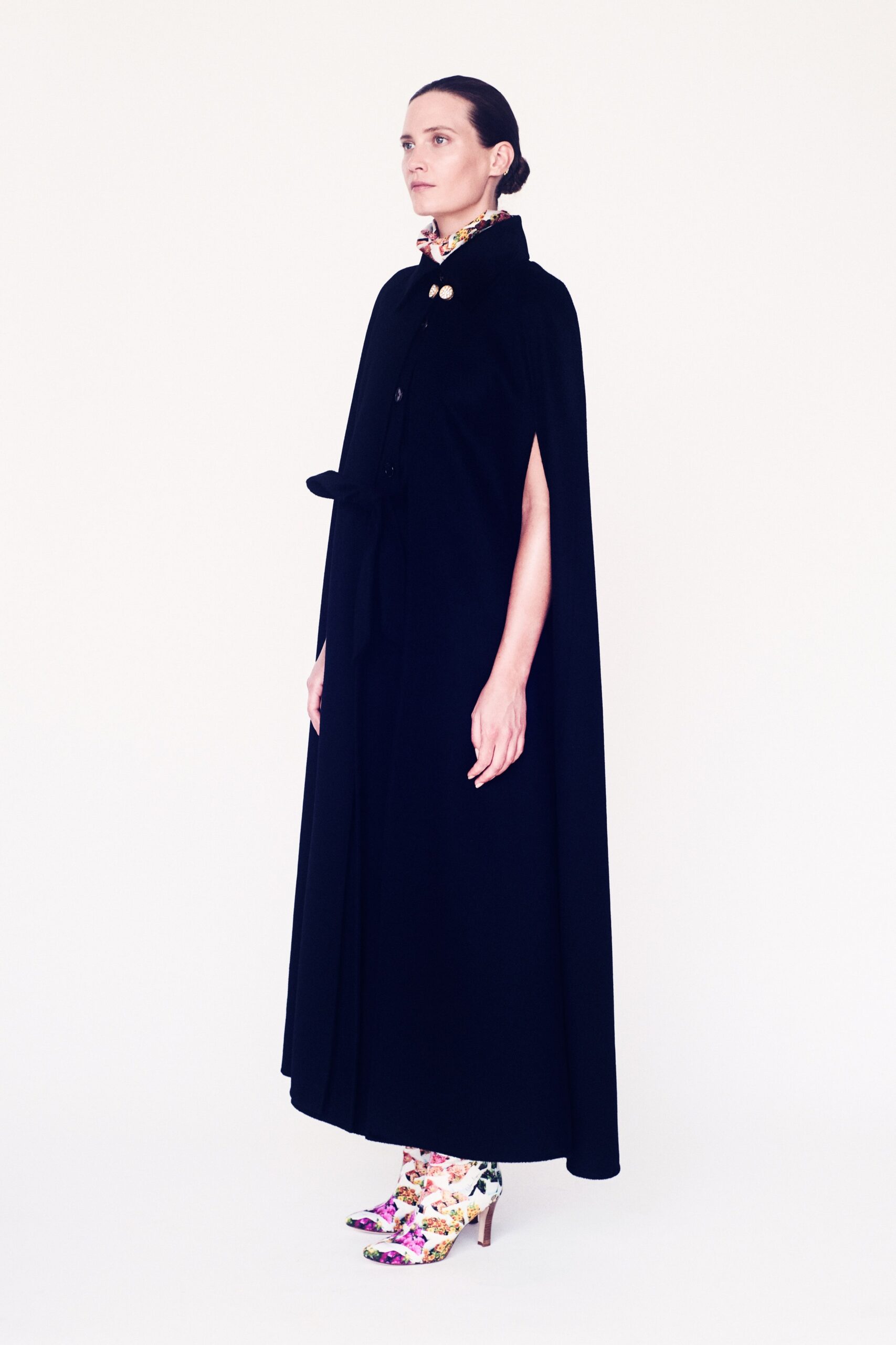 black wool cape with floral boots