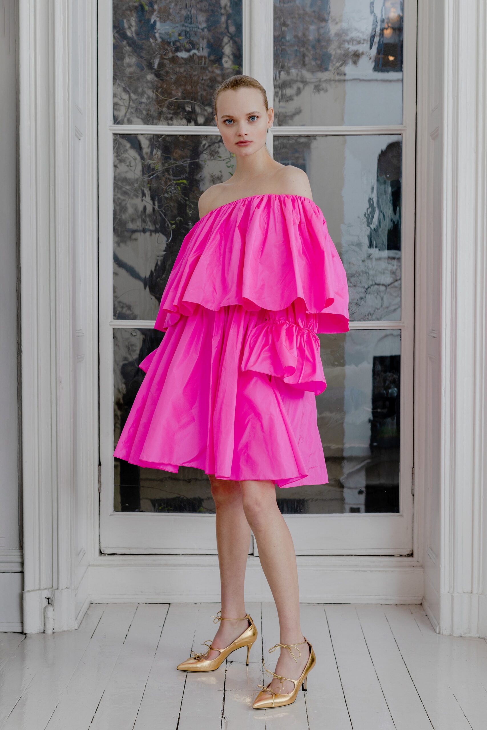 pink tiered off-shoulder dress