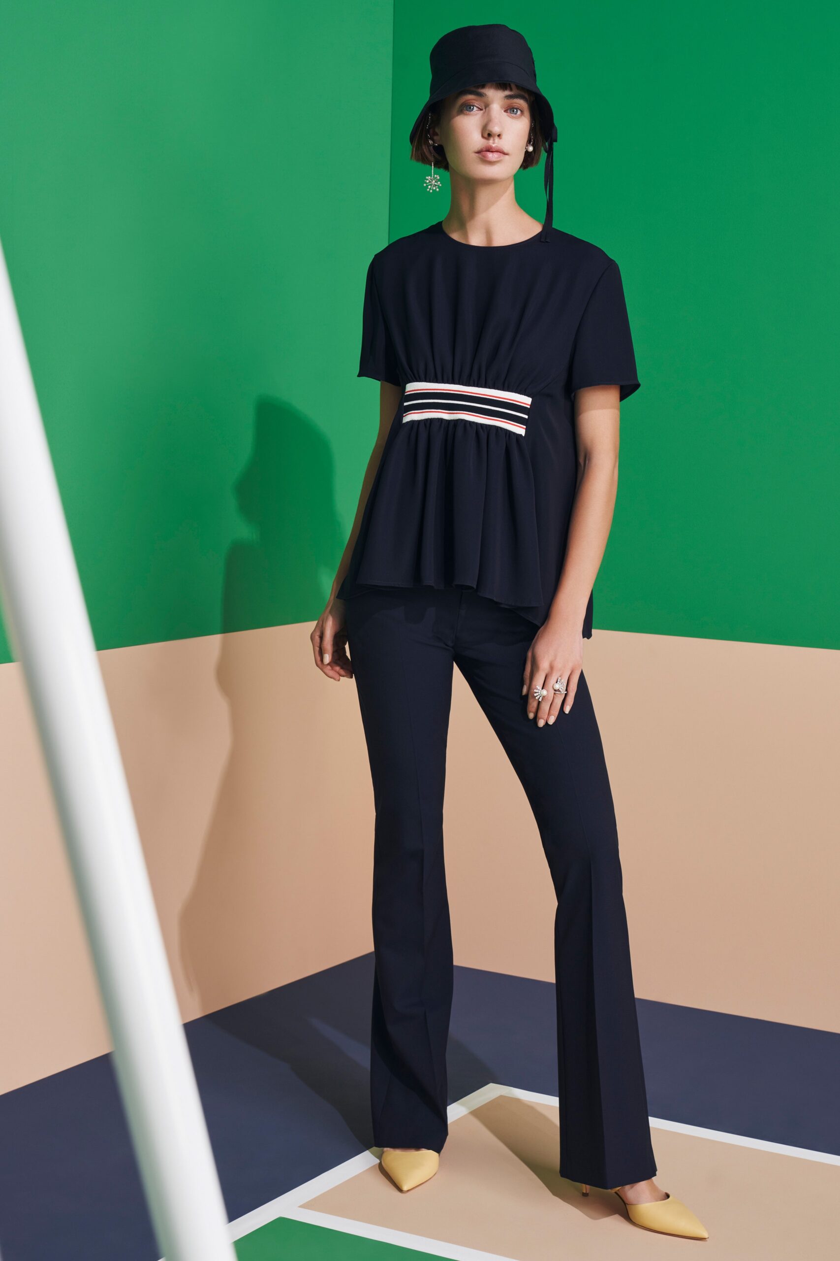 blue short-sleeve collared relaxed pleated top