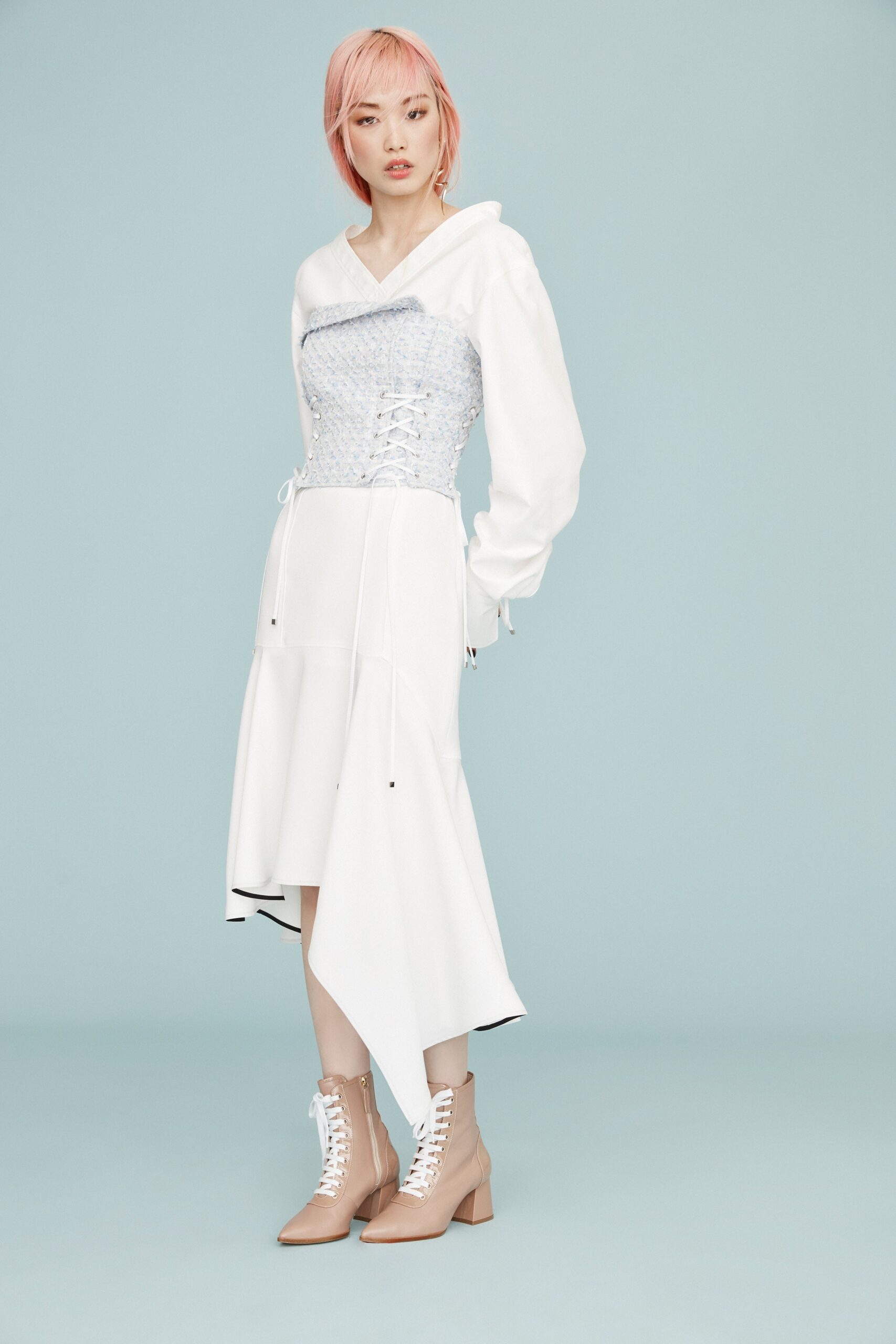 white fitted midi dress with boots