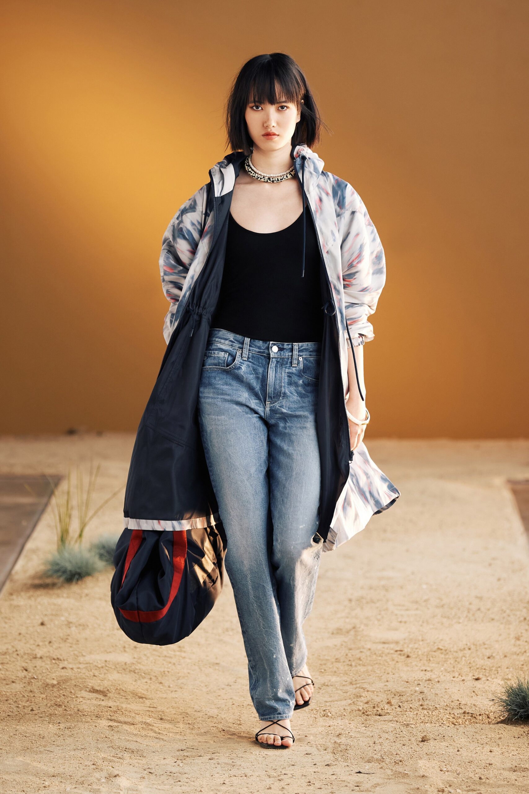 blue and white relaxed coat with black top