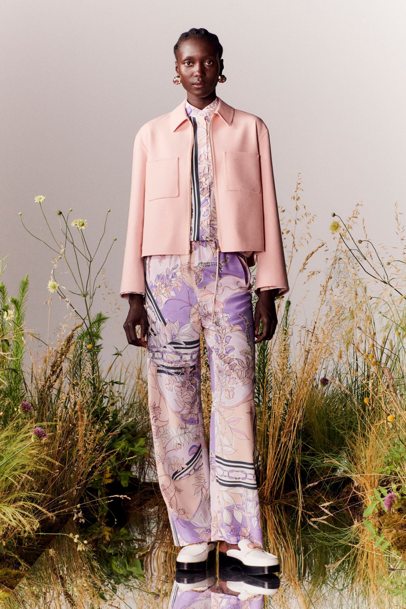 pink jacket and multi pants