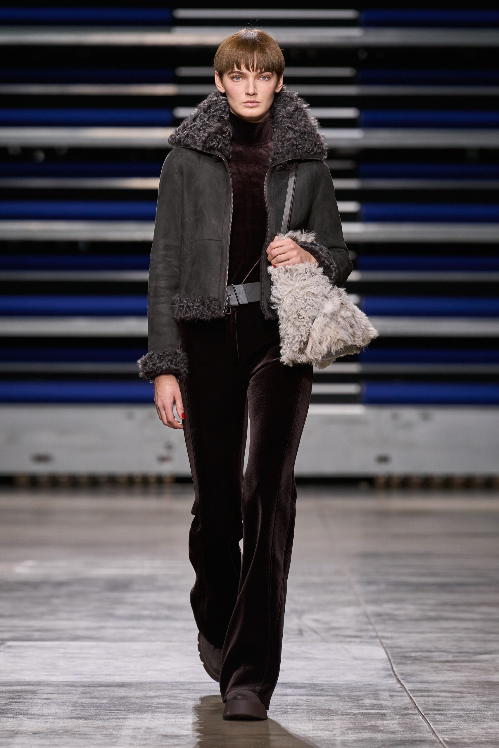gray leather jacket and black velvet pants