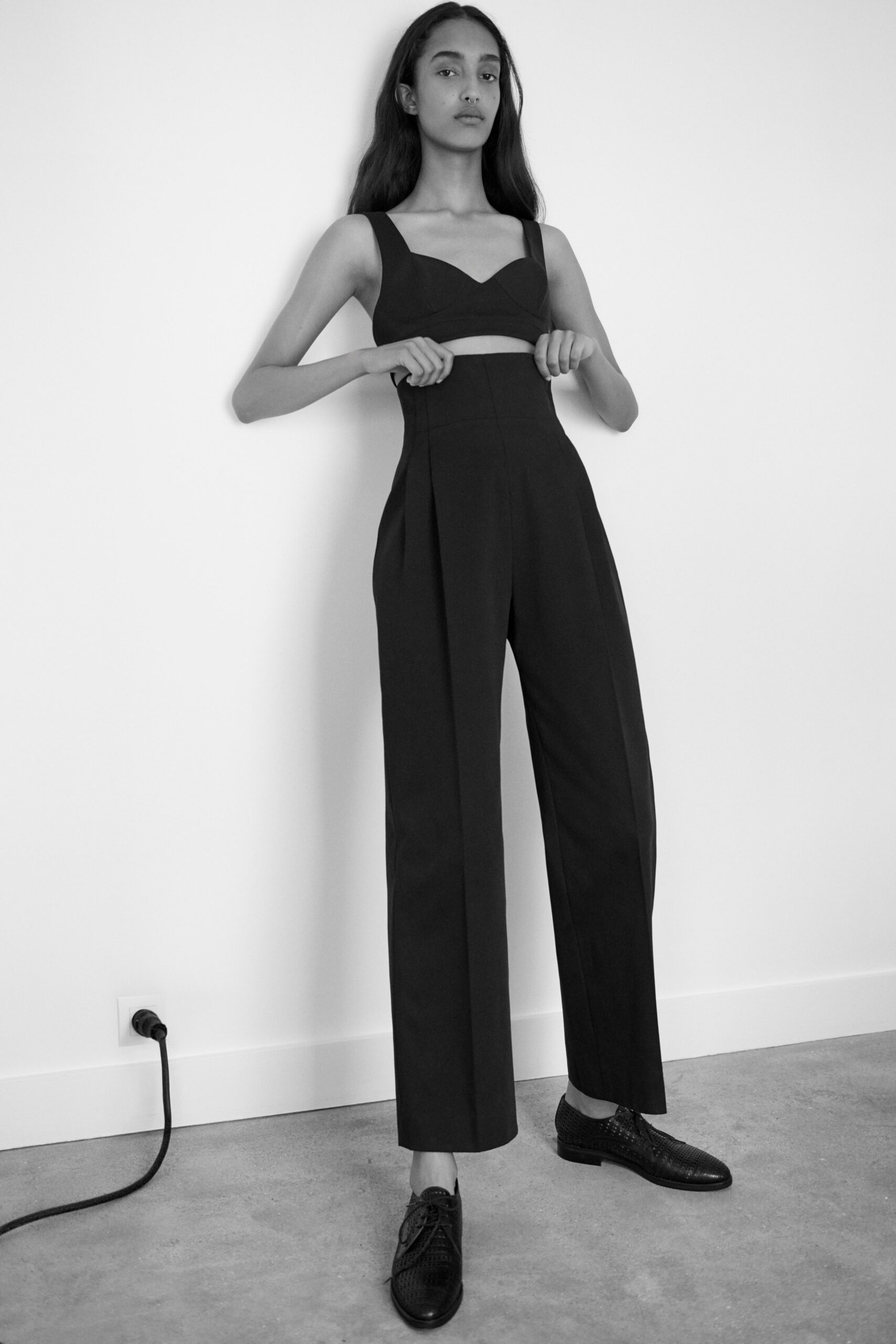 black fitted top and pants