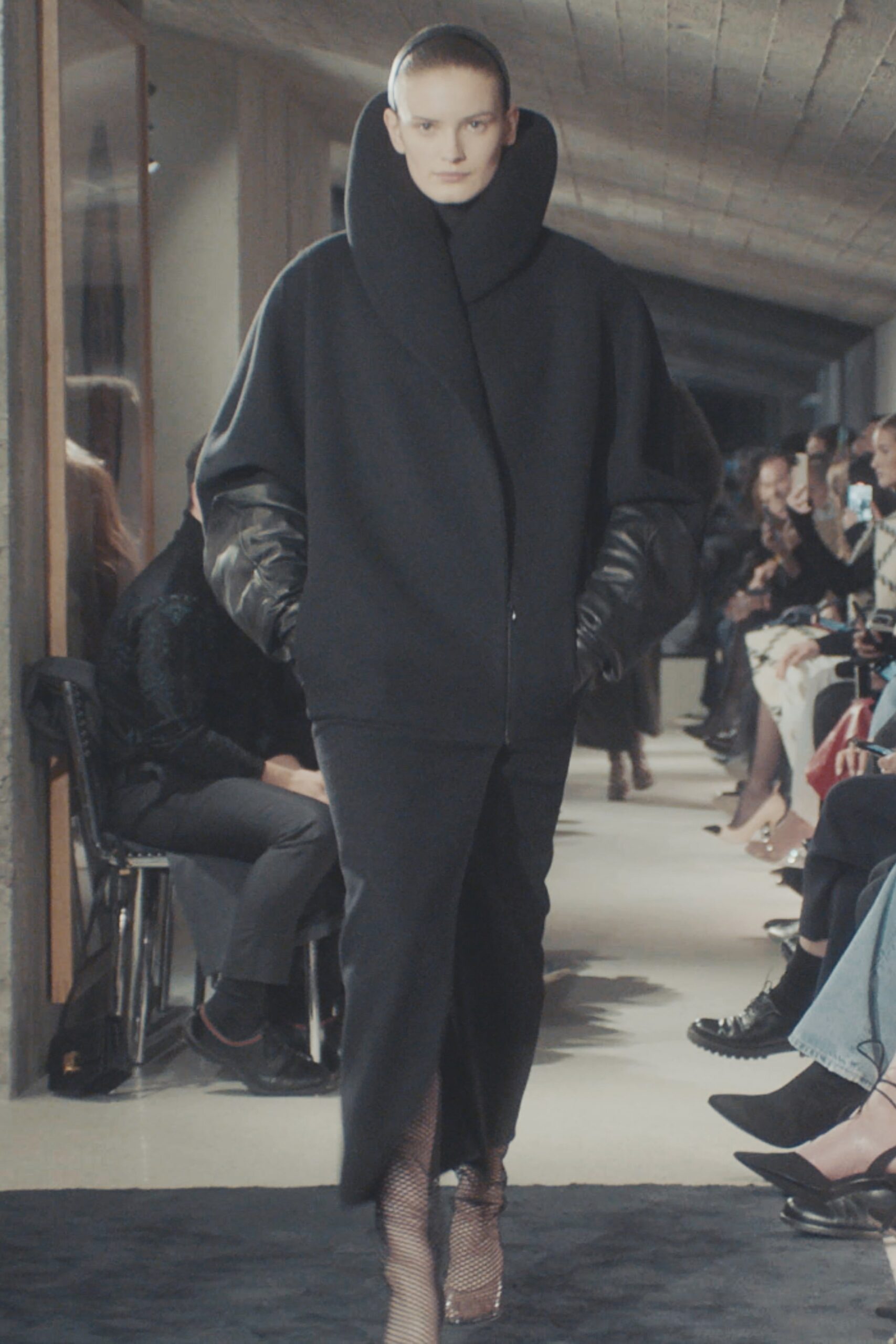 black wool long-sleeve high-neck oversized zippered midi coat