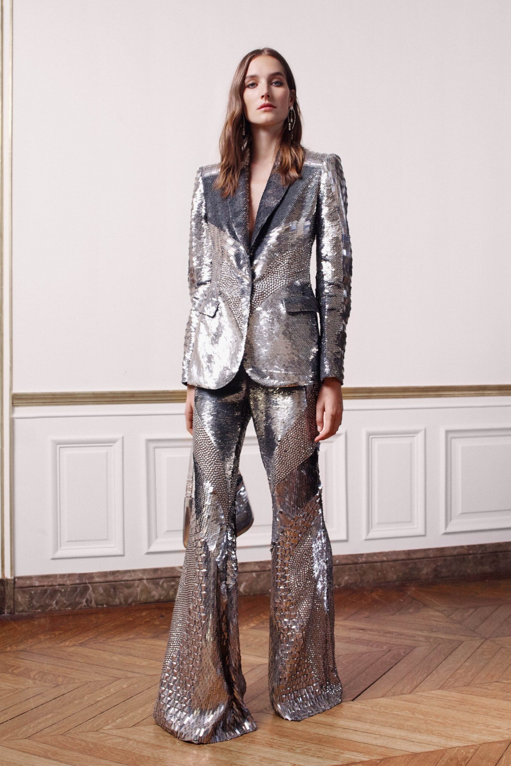 fitted silver sequined suit