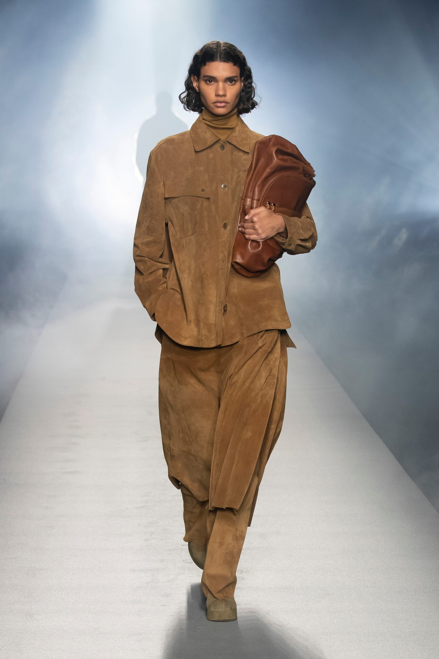 brown suede long-sleeve collared relaxed buttoned jacket