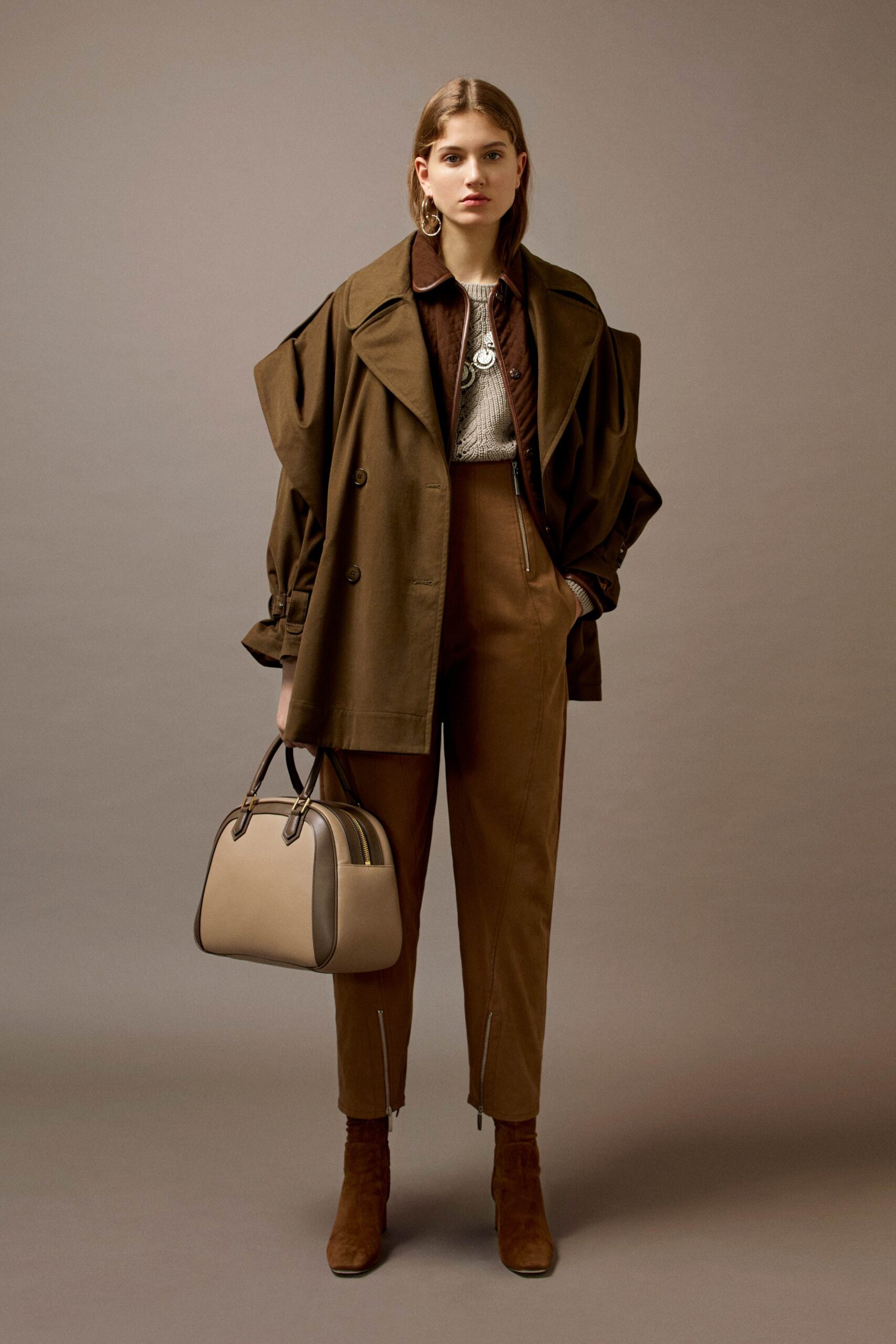 brown cotton long-sleeve double-breasted oversized layered coat