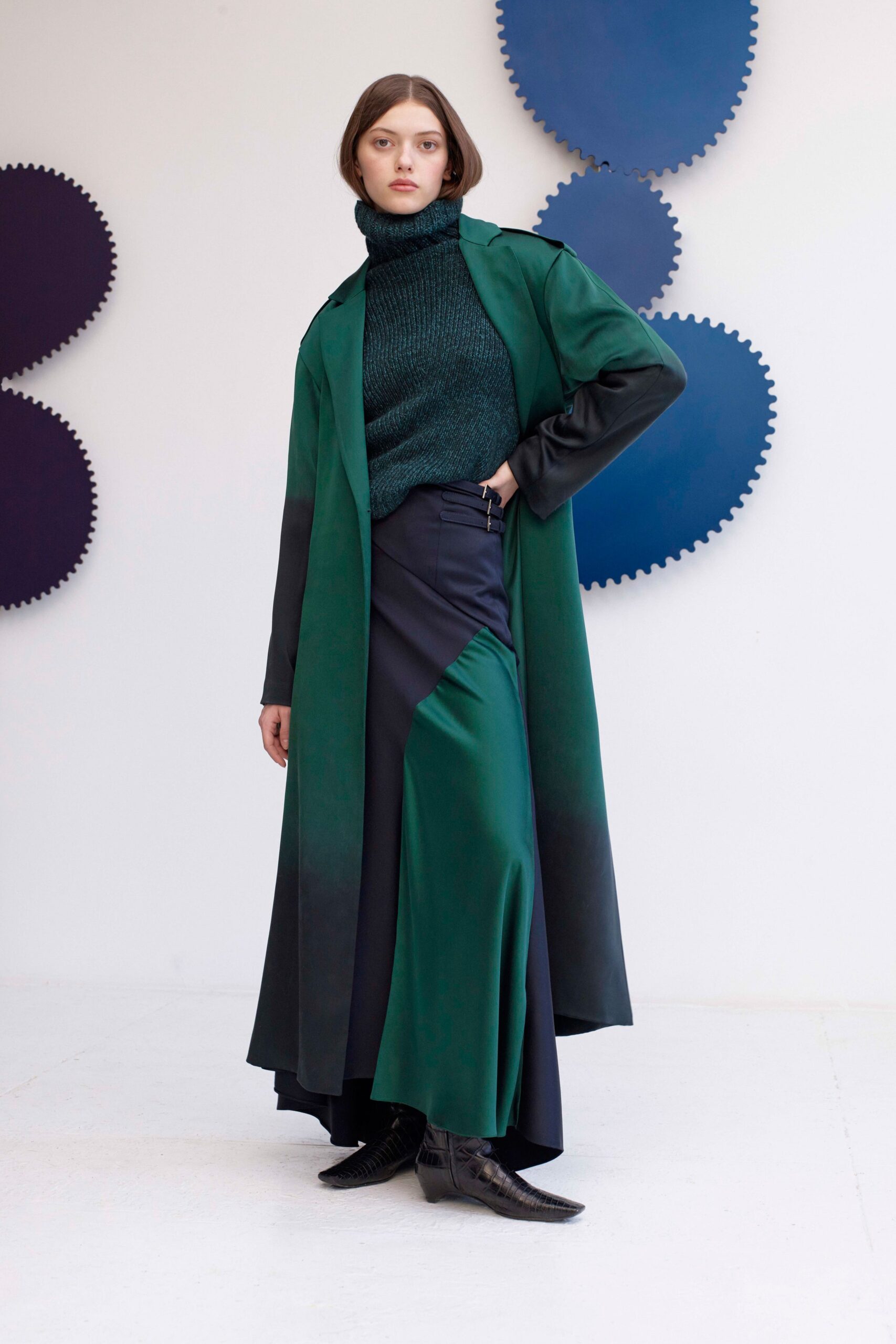 green silk coat and fitted top