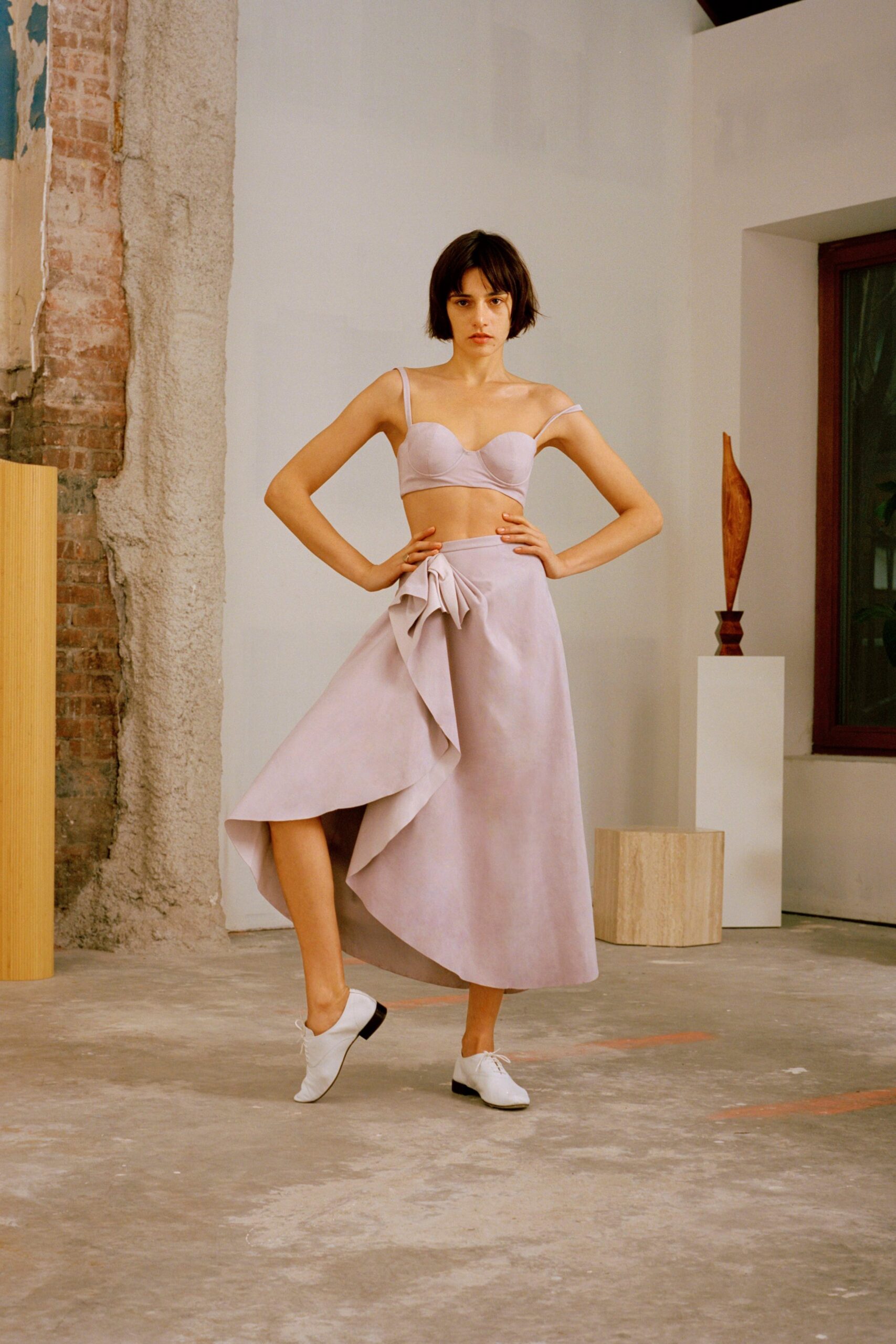 lavender silk crop-top and asymmetric skirt