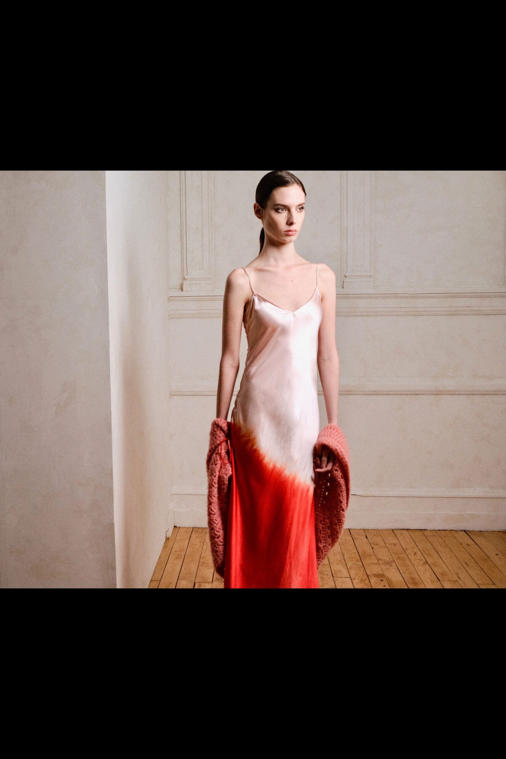 red and white silk maxi dress with pink cardigan