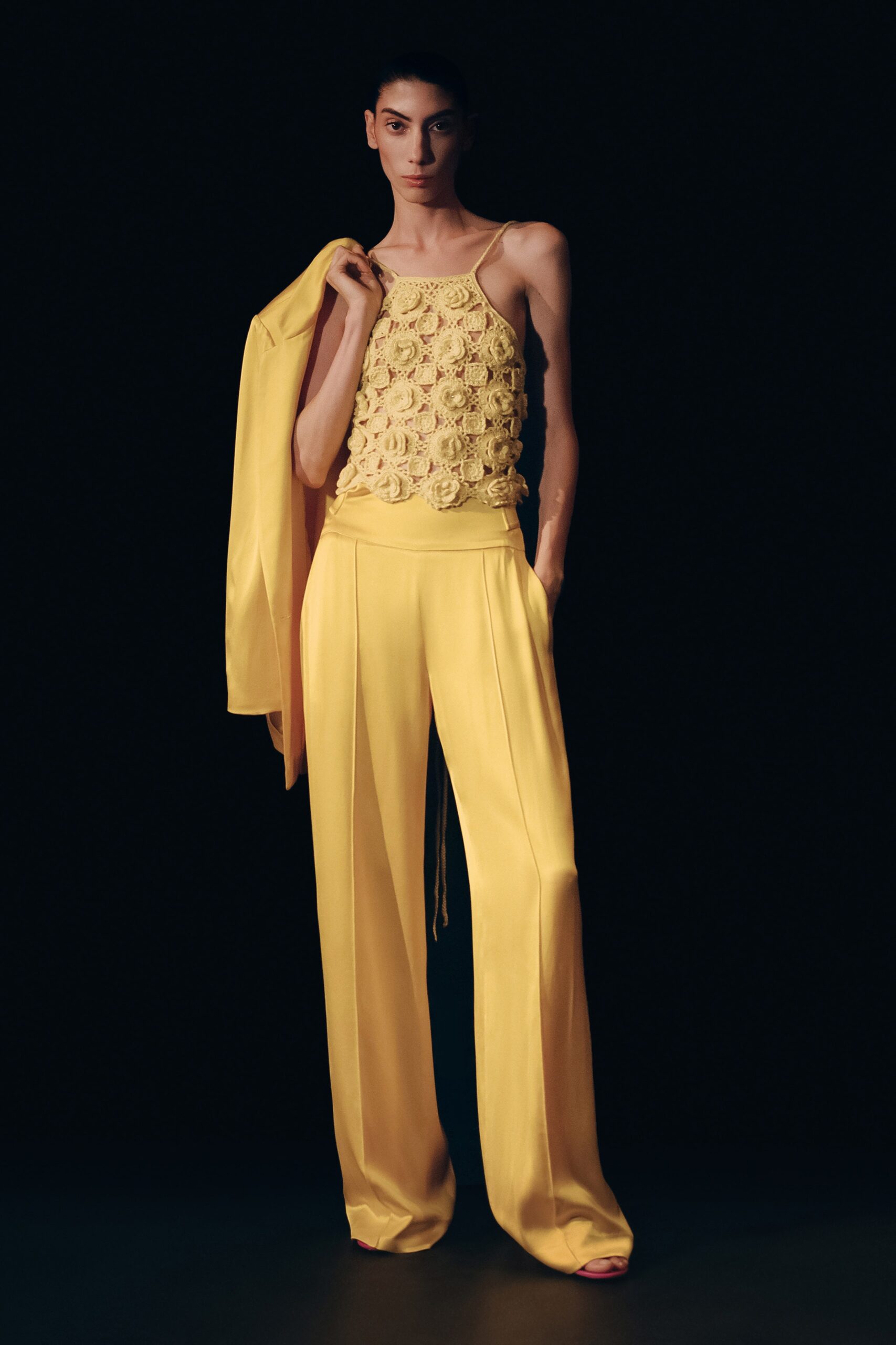 yellow silk sleeveless high-neck fitted embroidered top