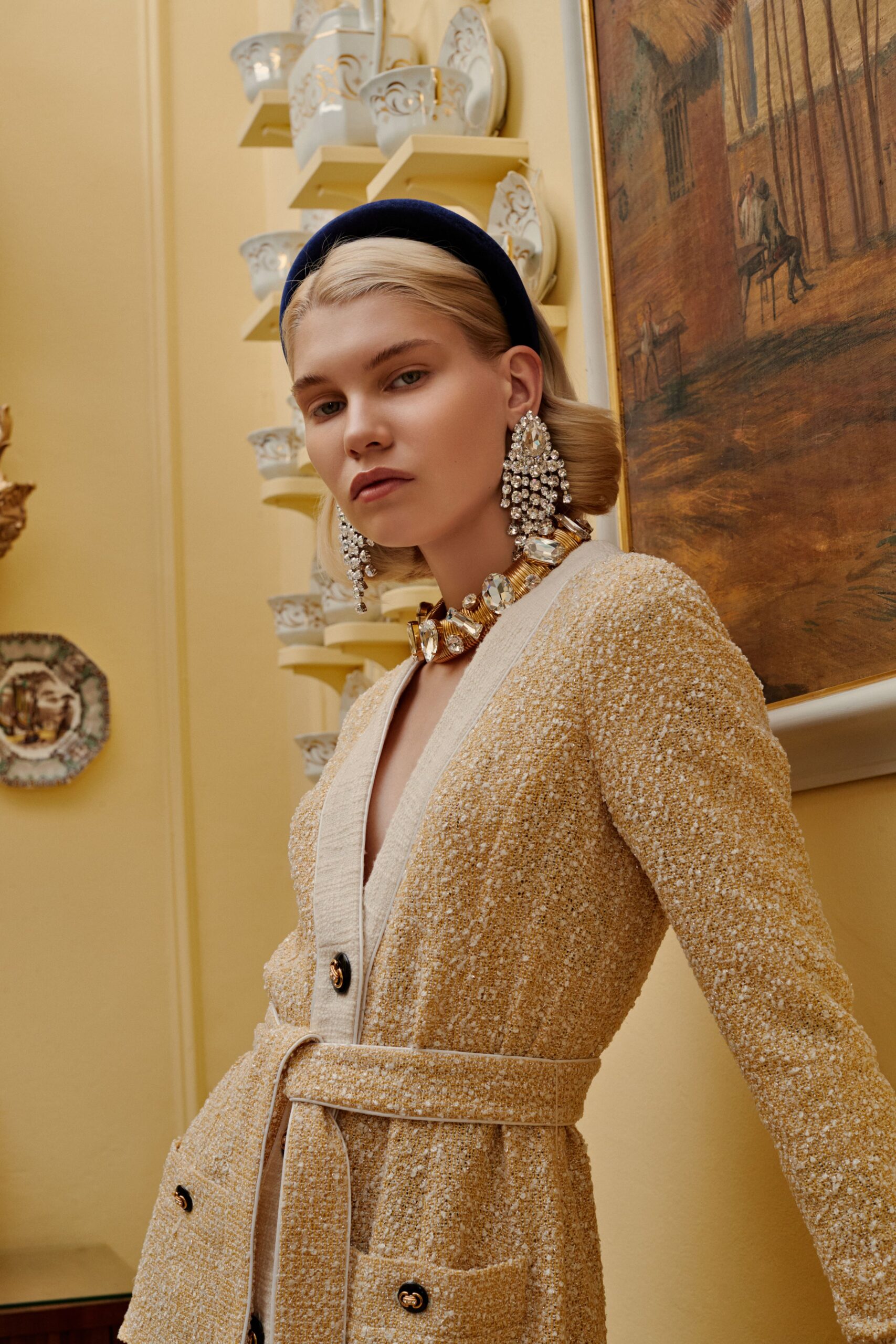tailored yellow tweed blazer