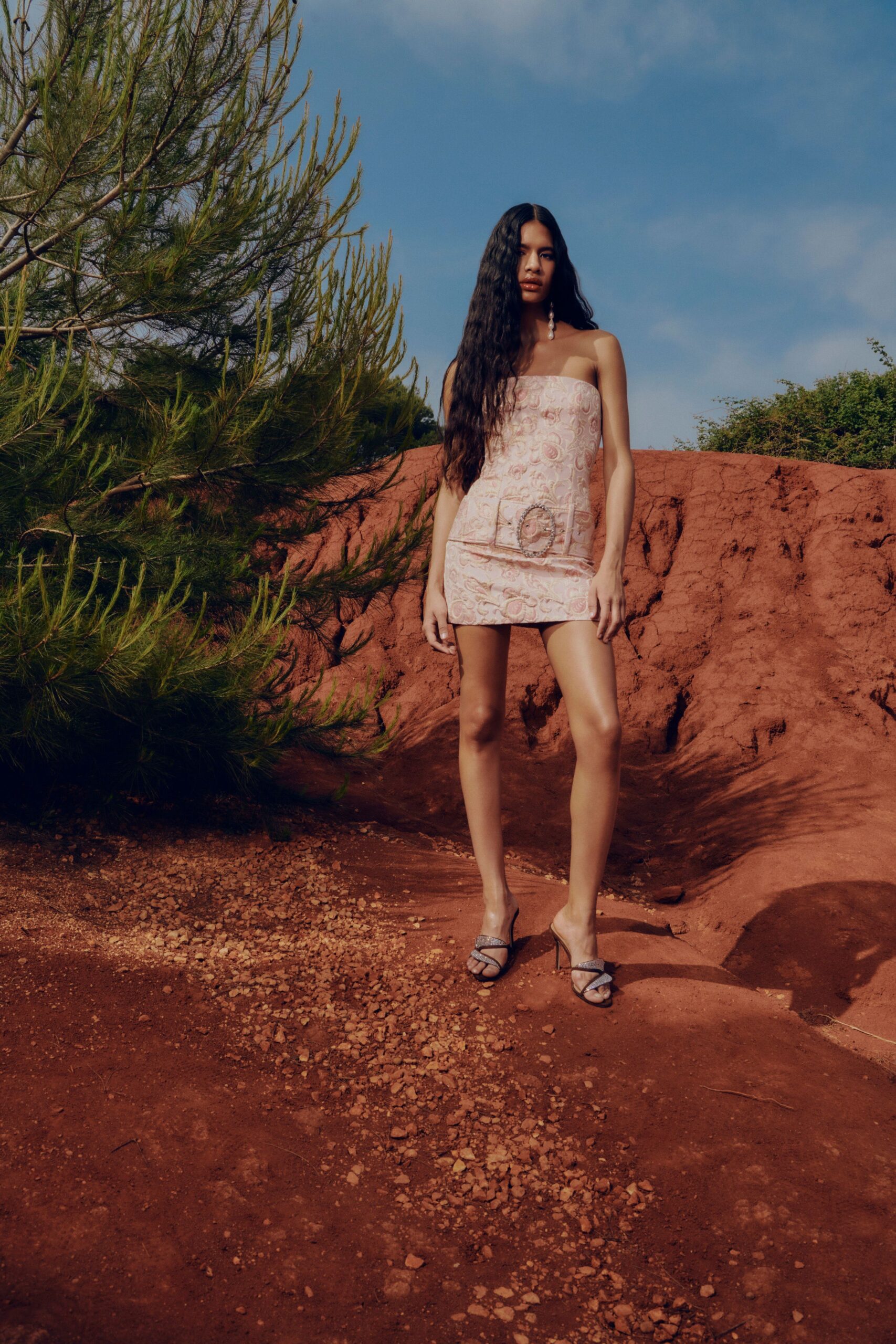 pink silk strapless fitted embroidered mini mini-dress