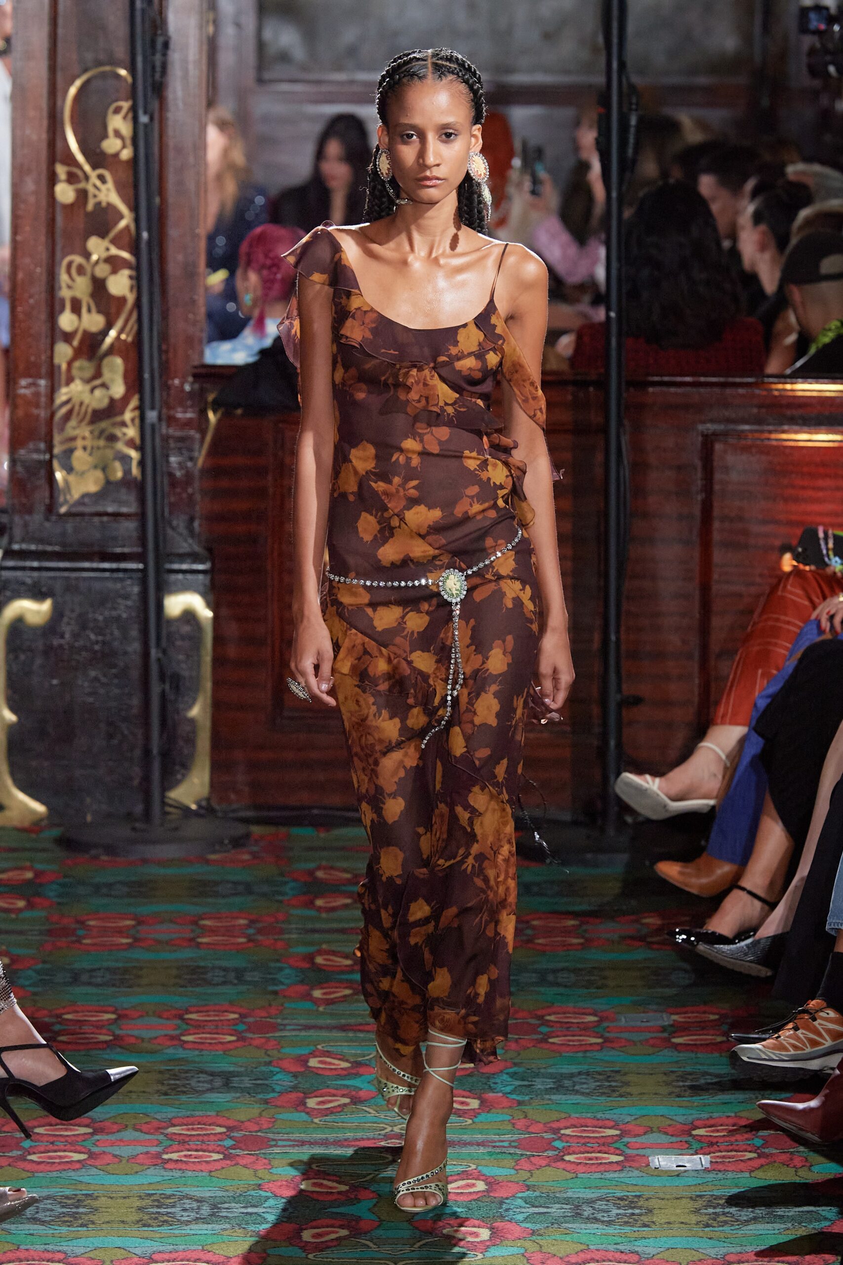 brown floral sheer midi dress