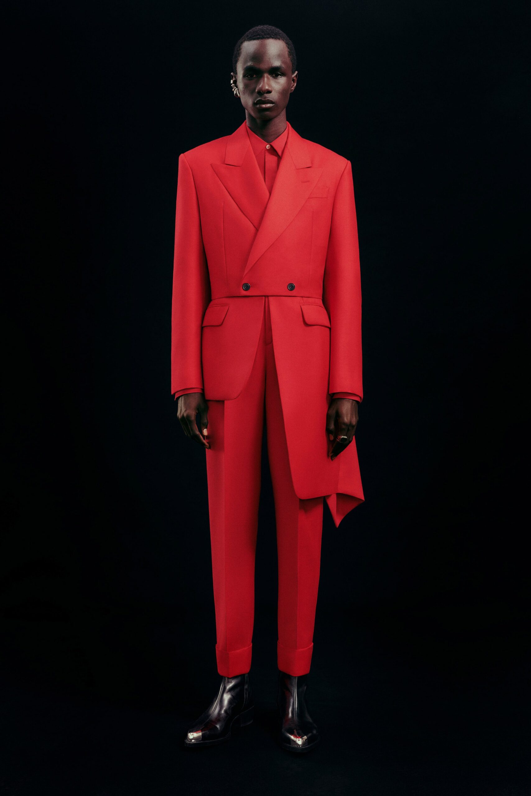 red tailored suit