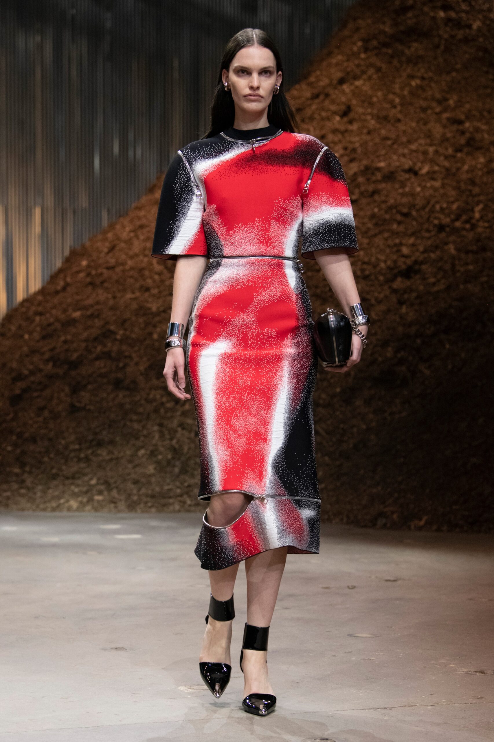 fitted red black white midi dress