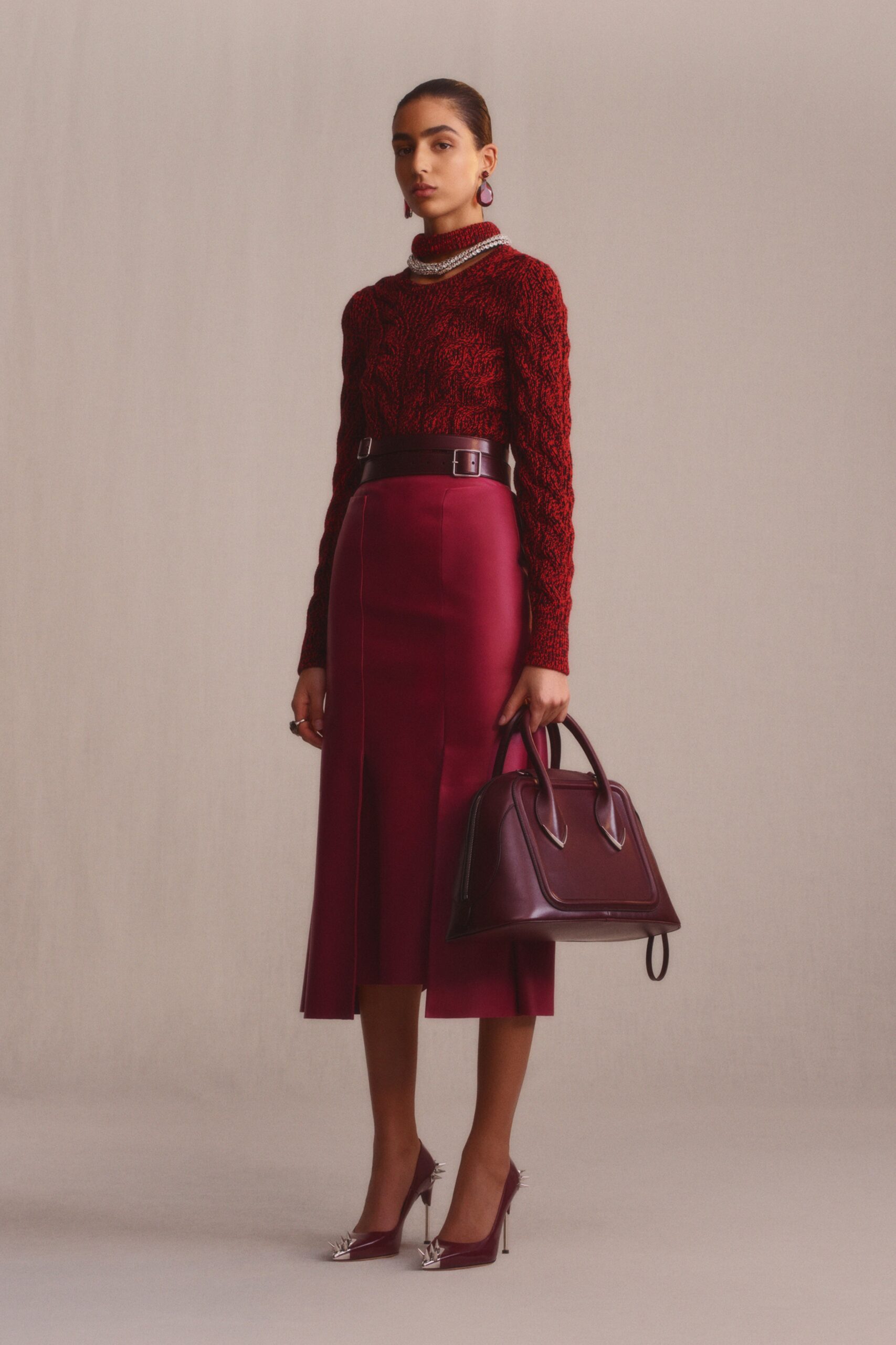 red wool long-sleeve high-neck fitted sweater