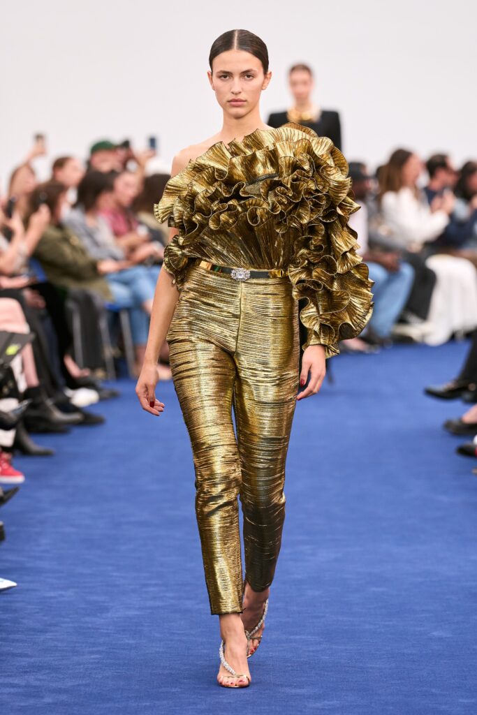 gold metallic ruffled top and pants