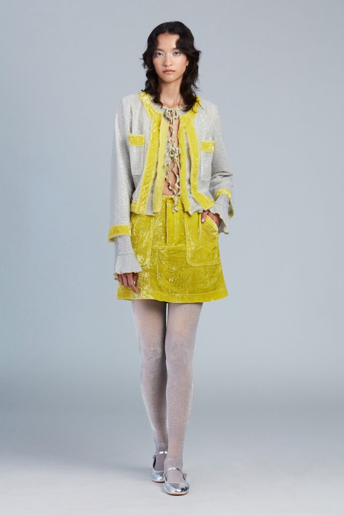 gray and yellow layered jacket with mini skirt