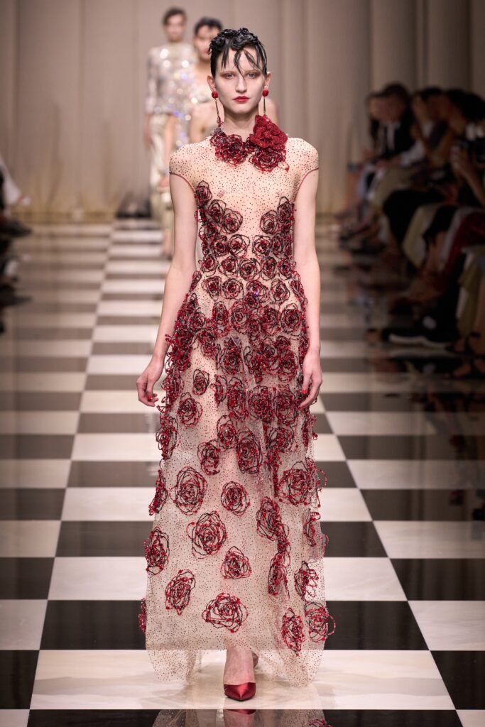 beige lace embroidered gown