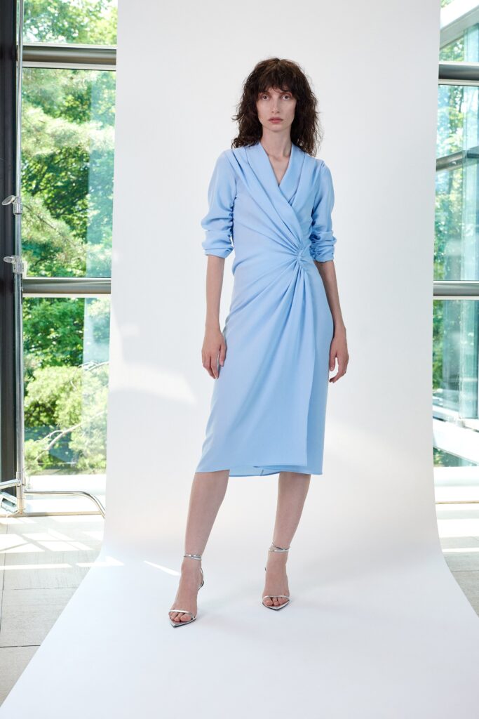 A fitted blue silk dress with long sleeves and a V-neckline featuring a draped design.