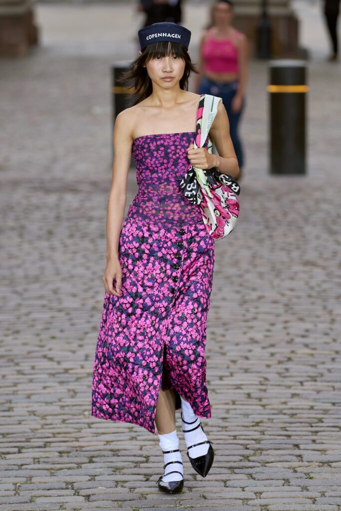 pink floral midi dress with bag