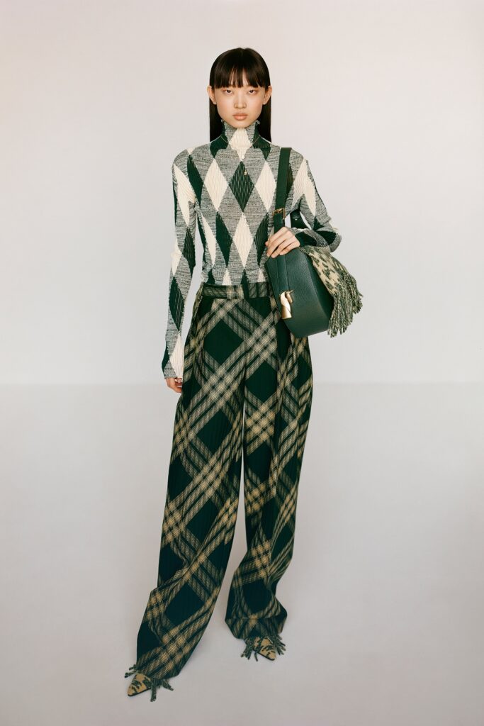 A relaxed long-sleeve checked top paired with wide-leg pants in a stylish design.