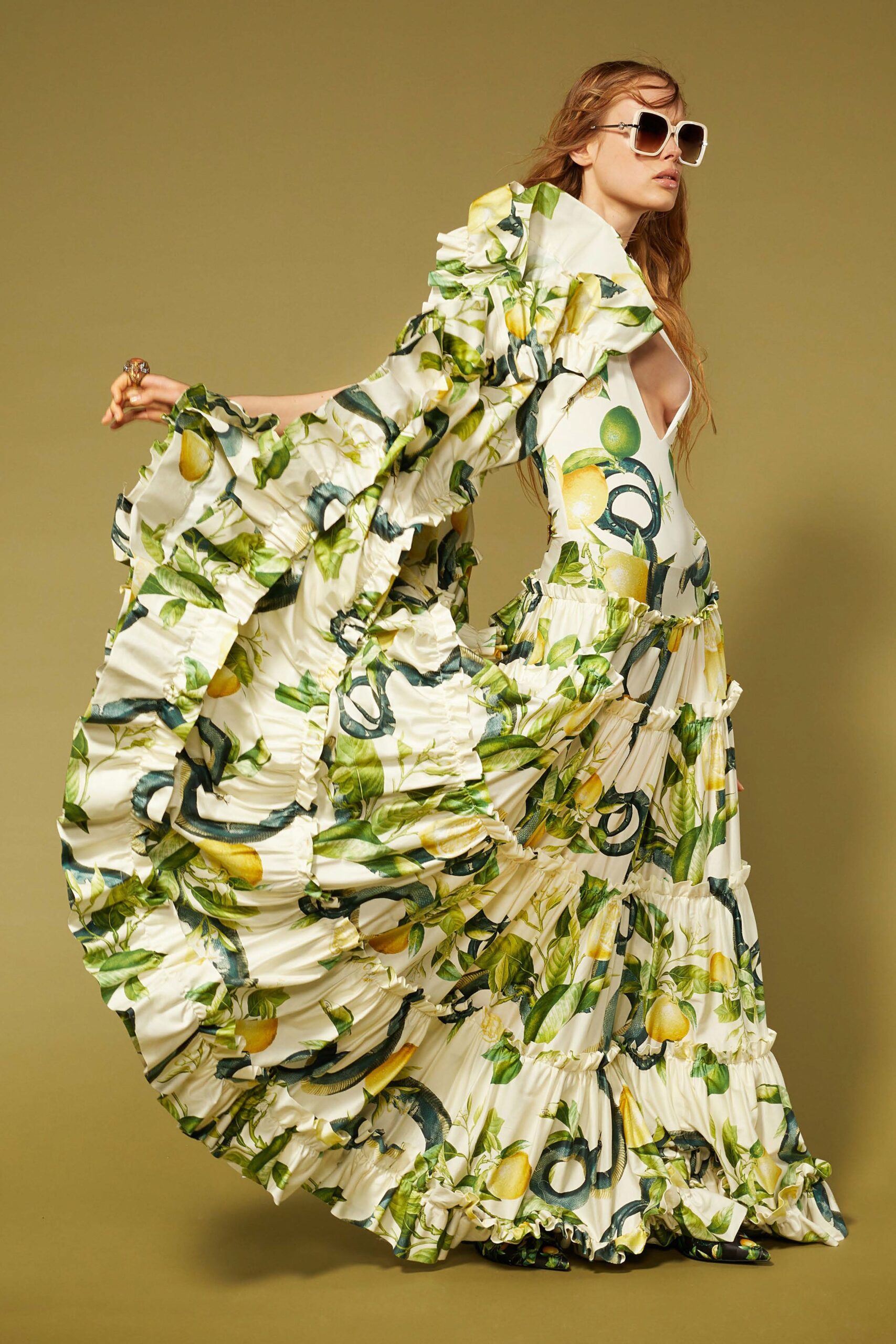 white silk ruffled gown