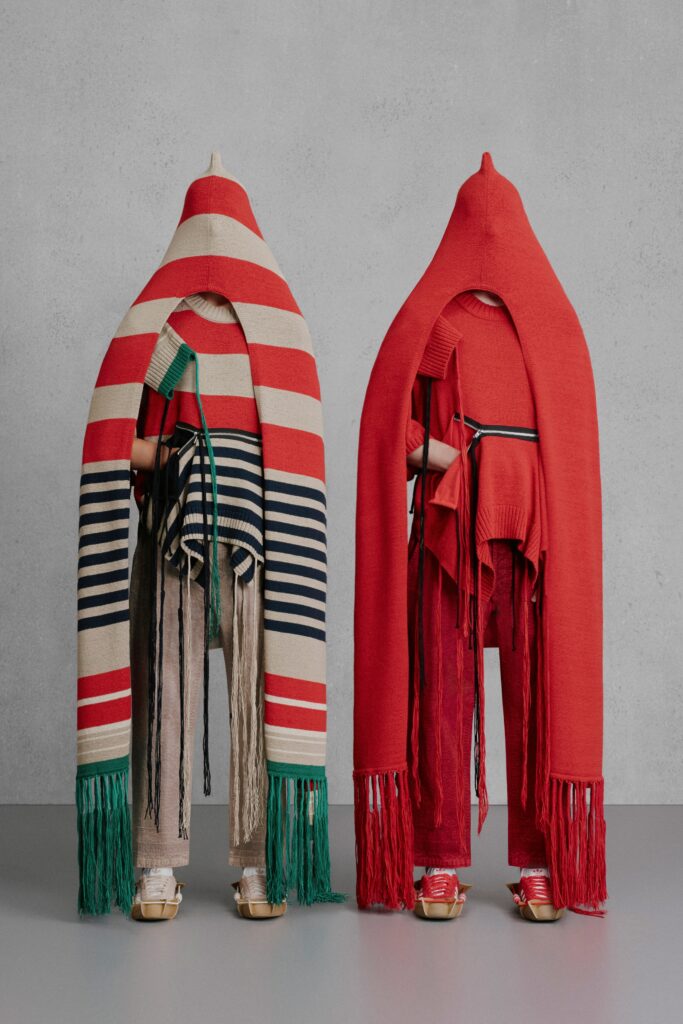 red and beige wool poncho