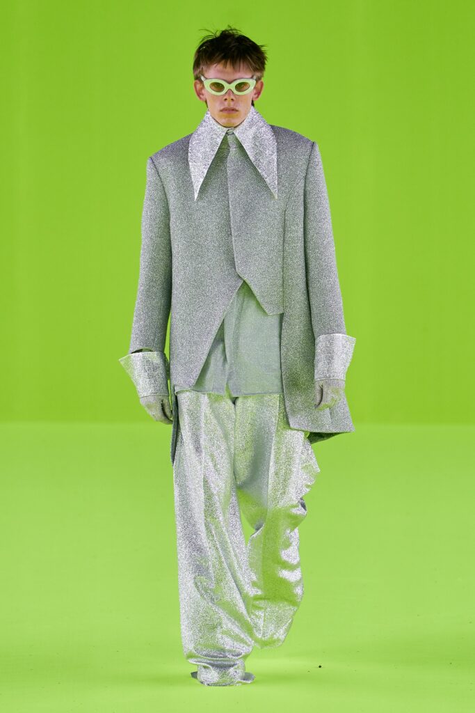 metallic silver suit with gloves