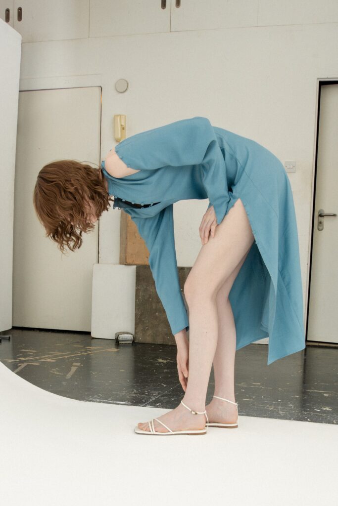 blue silk off-shoulder dress