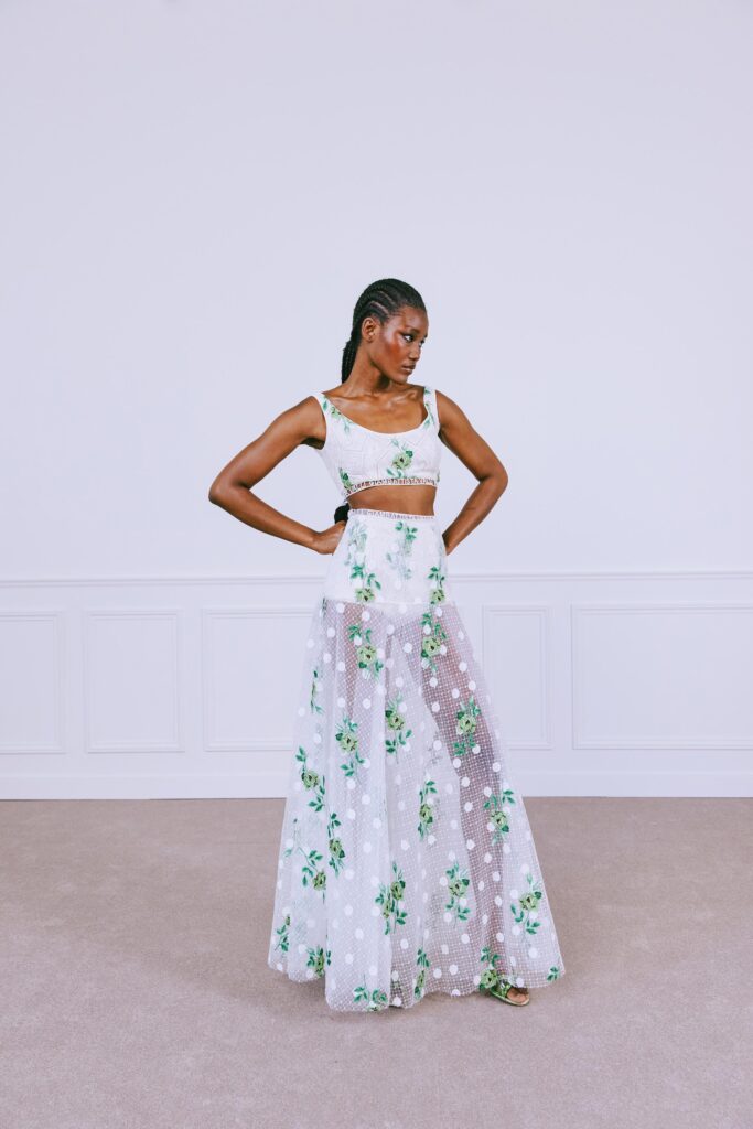 white embroidered crop-top and maxi-dress