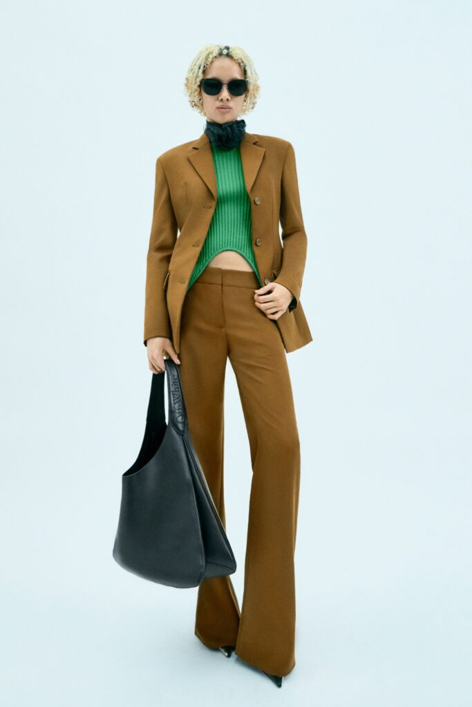 brown tailored blazer with green top