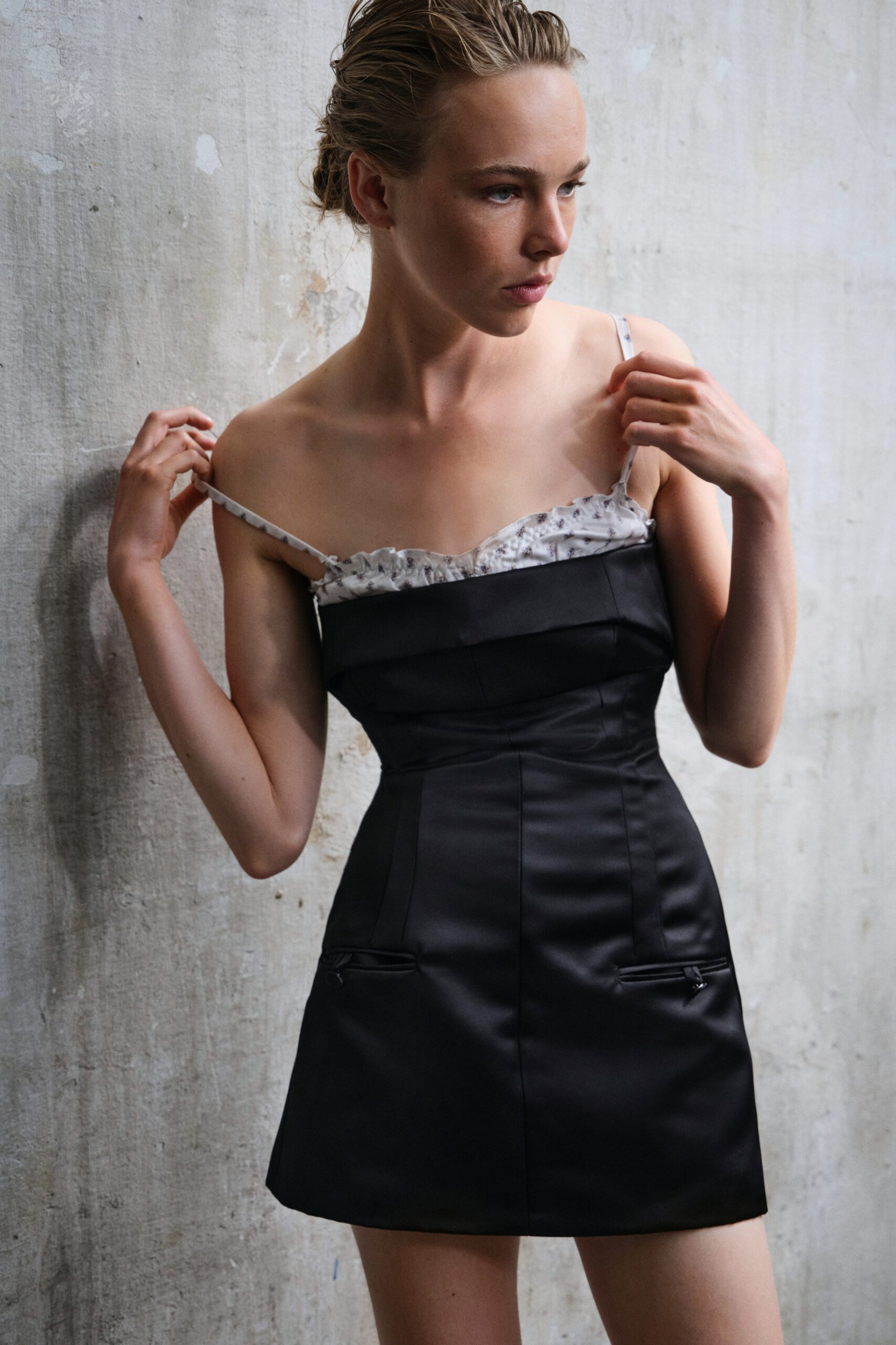 fitted black silk mini dress