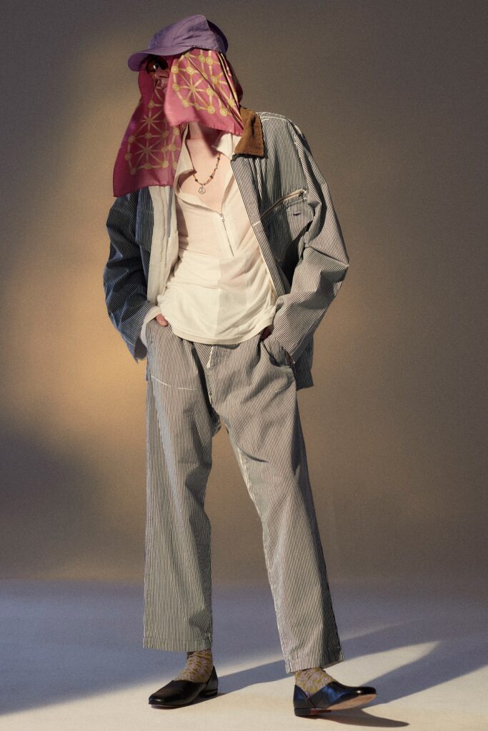 A relaxed fit blue and white striped jacket paired with matching pants.
